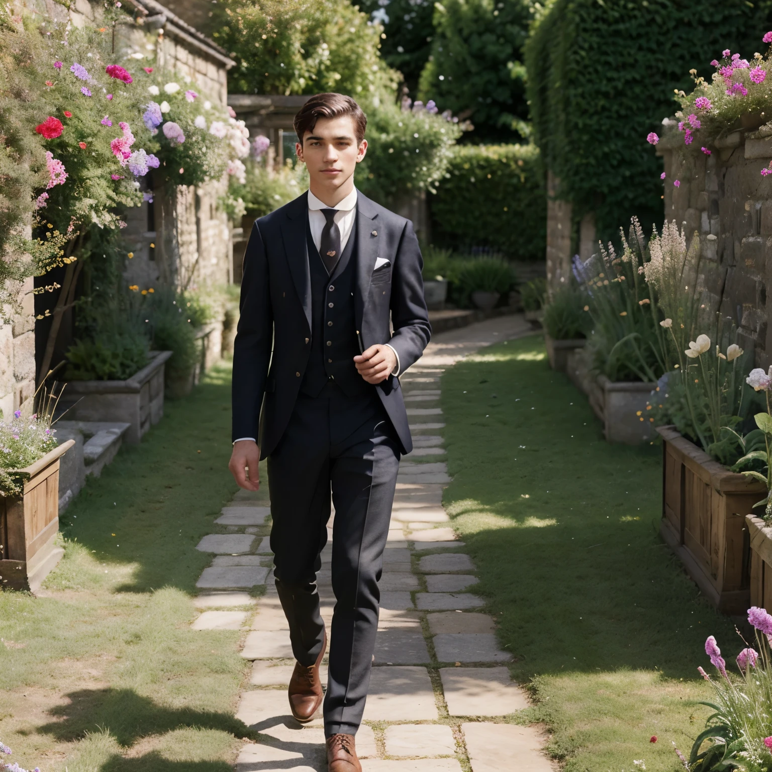 Walking along the path, Lowering his head, sprouted, young short boy 19 years old, dressed in a suit of fine quality woolen fabric in the fashion of the late nineteenth century Victorian era, in the garden among growing beautiful summer flowers and herbs, day light, a high resolution, professional photography of excellent quality, 8k.