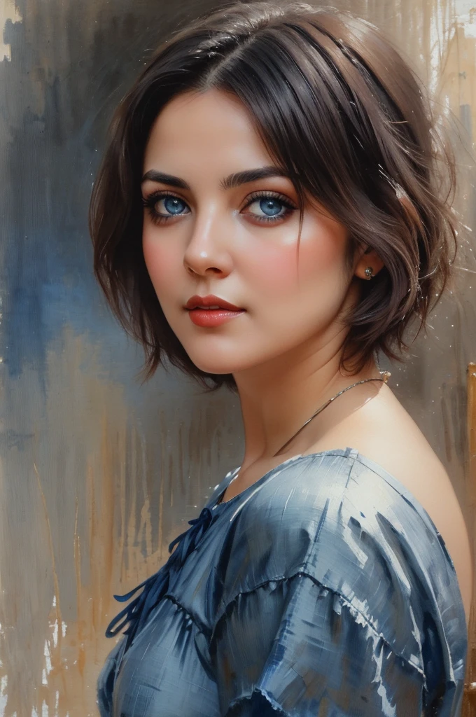 Painting of a Cute woman, Big blue eyes, Dark blue short hair, Vintage, by Pino Daeni ,Cy Twombly, extremely realistic, 8k, insane details.