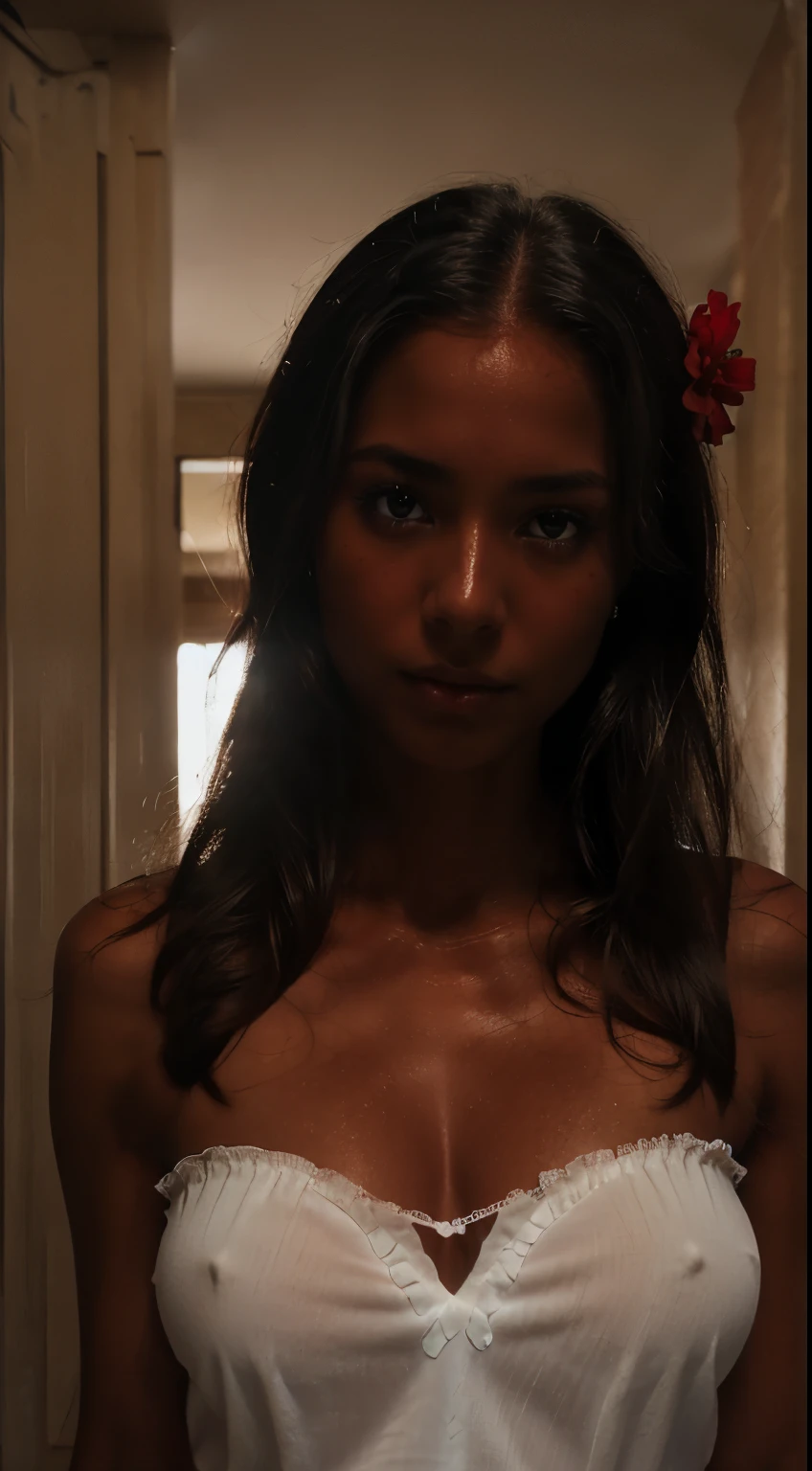 "(photorealistic:1.2)CGI focused, photorealistic, high detail, realistic Very deep ebony skin)), ((Your beauty is undeniable)), ((cute excited face)), ((Hyper detailed perfect eyes,)), ((Cute pose)),Ultra-realistic image of a beautiful girl with olive skin, dark skin, perfect body, slender body, hourglass figure, ultra-thin waist, dark skin, black hair, long straight hair,brown eyes. Correct hyper-realistic anatomy, facial features are carefully portrayed(dark brown skin))((dark-skinned woman)),((a stunning black beautiful woman)) ((beautiful face)), ((masterpiece)) ((straight and natural hair)),(( long straight hair)), ((crystal brown eyes: 1.2)), 20 ears,((detailed eyes)), ((beautiful eyes) ) , ( (art, Ultra high definition, 8k)), depth of field, street in Bahia Brazil, cleavage, focus on eyes, portrait, Protruding breasts, specific skin, skin texture, very detailed, dramatic lighting,(( digital art trends on Artstation 8k HD detailed)), sexy shoulders, golden tan, highly specific skin , long eyelashes, black mascara, ultra quality perfect face, best quality, high definition, beautiful woman, perfect, artistic finish, ((high definition)), ((semi-transparent short dress)) ((simple white dress a little transparent) ) ((perfect face)) , ((perfect woman)), ((work of art)), ((Delicate)), ((dark skin)), ((latin)), ((fine feminine features)), ((thin and beautiful nose)), perfect, ((delicate mouth) ), dark eyes, ((detailed and realistic beautiful face)), Black hair, ((extremely beautiful Brazilian woman)),((with a red flower in her hair)), Dark skin, long straight hair flying in the wind, (( with 1 red flower in her hair)), ((very simple white short dress, a little transparent)), standing on a street in Bahia, looking at the viewer,((beautiful eyes)),((beautiful women))northeast of Brazil, 1920s street, 1920s, in Bahia, Brazil,(( beautiful Brazilian latin)), 1920s, Bahia