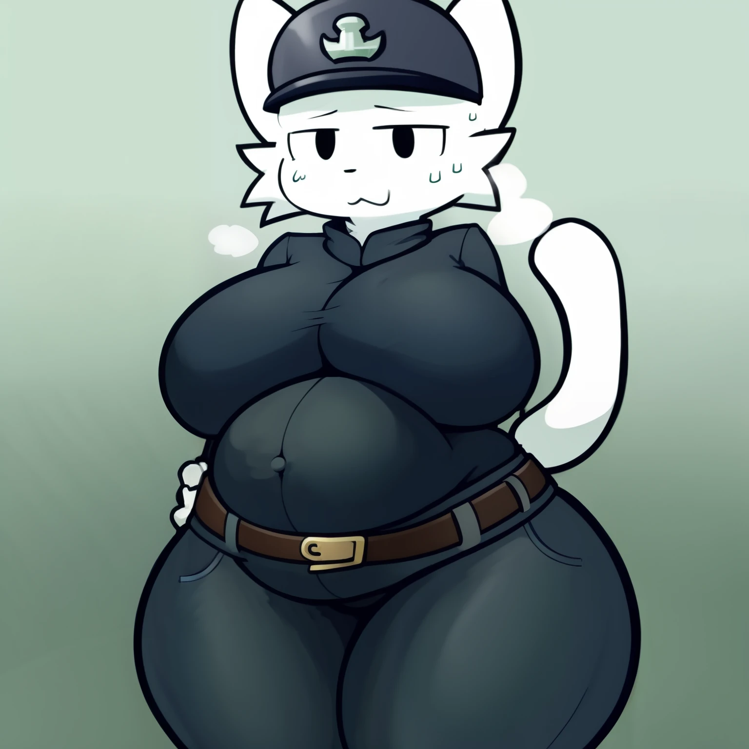 Silly cat, girl, wide hips, cat, antro, white cat,thick legs, body slim, huge breasts, sweat, wearing navy blue pants, wearing navy blue jacket, wearing a dark green army helmet, brown belt, pregnant,