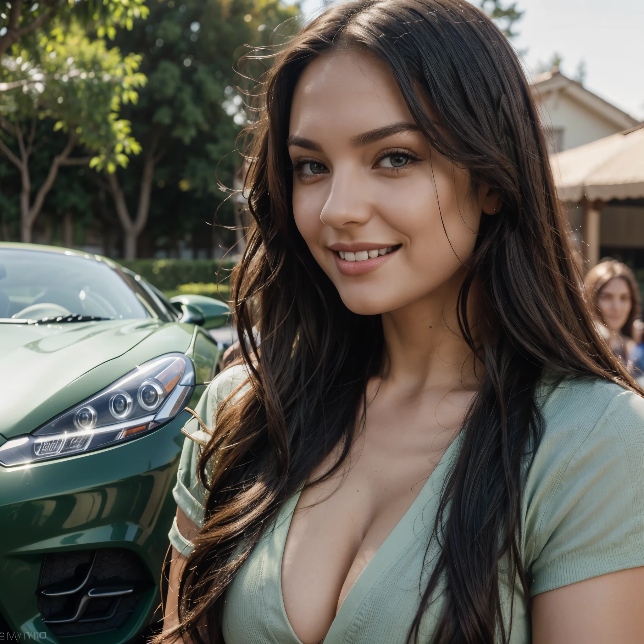 beautiful curvy woman with long wavy black hairs, dark green eyes, sport car meeting, smiling, close-up portrait, 4K, HDR, sunny