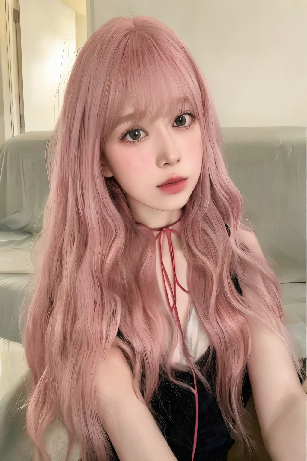 arafed woman with cabelo rosa and a black dress sitting on a couch, long flowing cabelo rosa, Bela Delfina, flowing cabelo rosa, cabelo liso rosa, with cabelo rosa, long cabelo rosa, pastel rosa, cabelo rosado e ralo, light cabelo rosa, curly cabelo rosa, Ulzzang, long light cabelo rosa, rosa pastel, cabelo rosa, núcleo de fadas