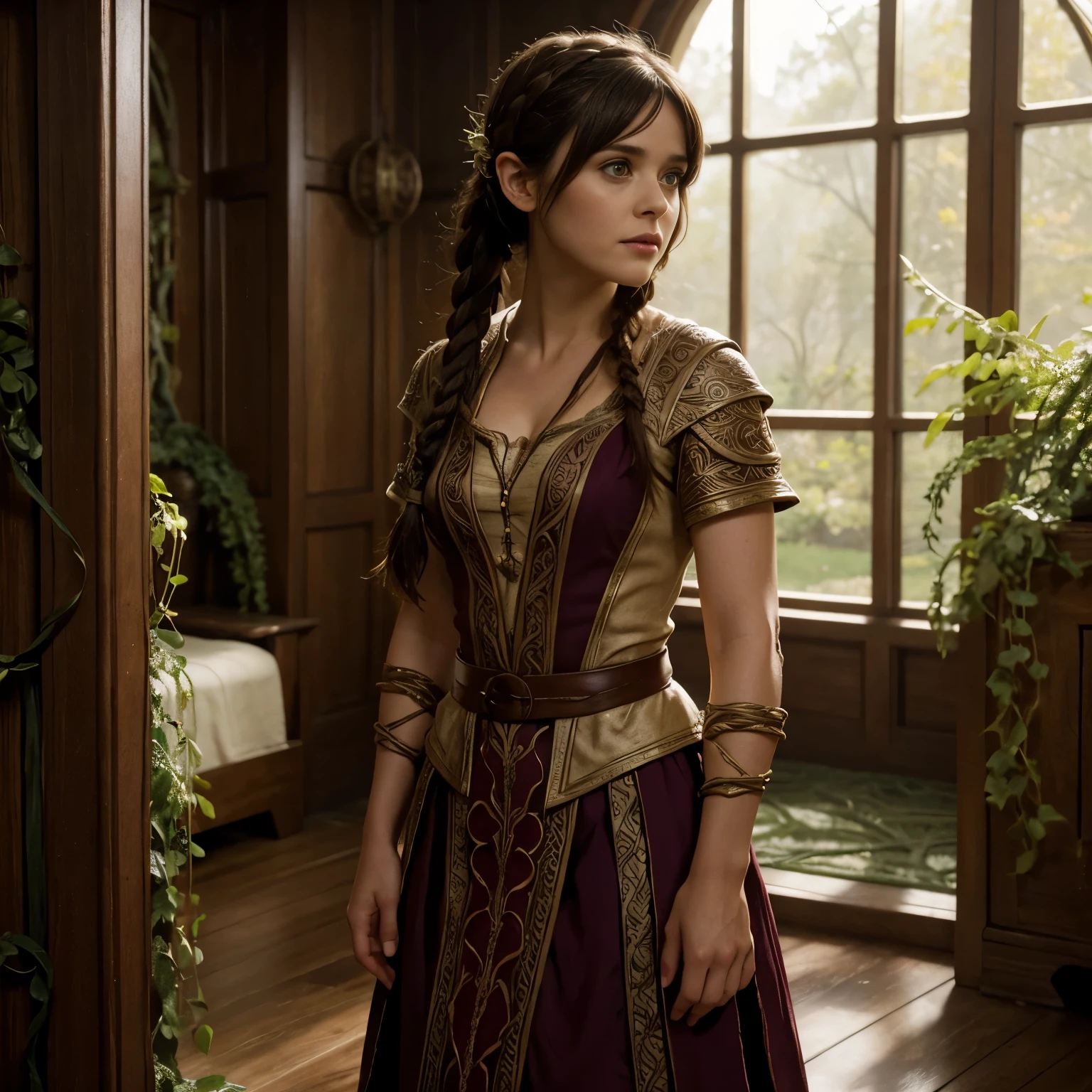 Zoey Deschanel, braided ponytail, elven room, fantasy picture, body covered with twisting vines