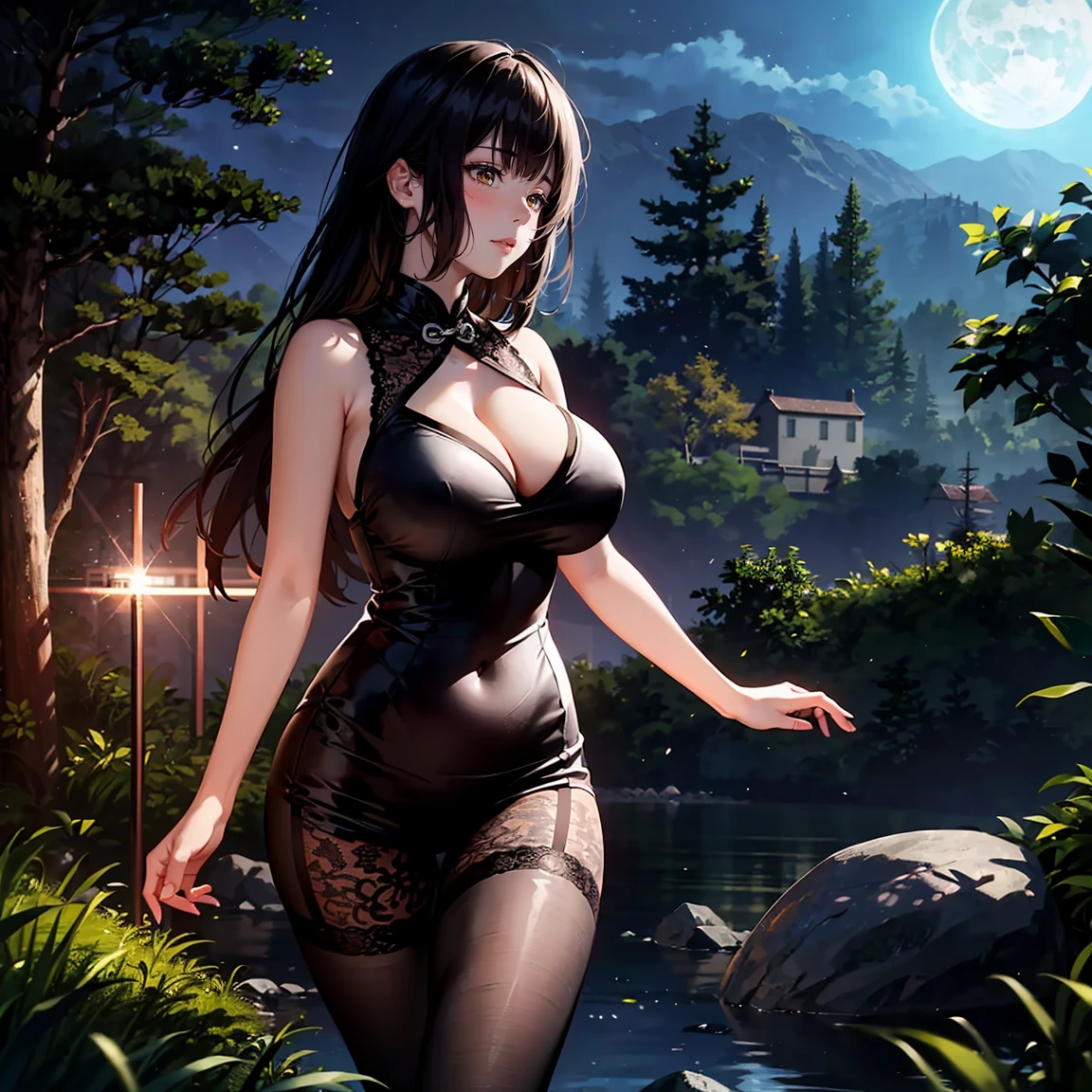 (Mysterious, Fantastic), ((masterpiece)), ((highest quality)), (ultra high resolution,8K),(Ultra high fine mesh,4K), (Highly detailed CG integrated 8k wallpaper), (perfect ???????,anatomically accurate), (soft lighting, rendering), (dynamic composition), (girl doing yoga), Close ~ eyes, (surrounded by nature), Background illuminated by moonlight, beautiful and detailed eyes, flowing long hair, (Lace Cheongsam), elegant pose, soft and gentle lighting, (very detailed and beautiful face), professional photography techniques, Bright colors, natural light, (?????????????:1.3)