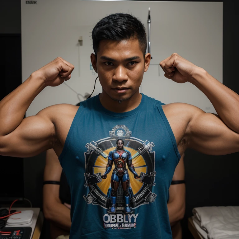Hyperrealistic pictures of a handsome Indonesian student. One student is standing using t shirt with the text "I will obey". With brainwash cable in his ear for mind controlling him. The cables was connect to the monitor shows spiral brainwashing figure. He was flexing his biceps arms. And he will obe like a robot