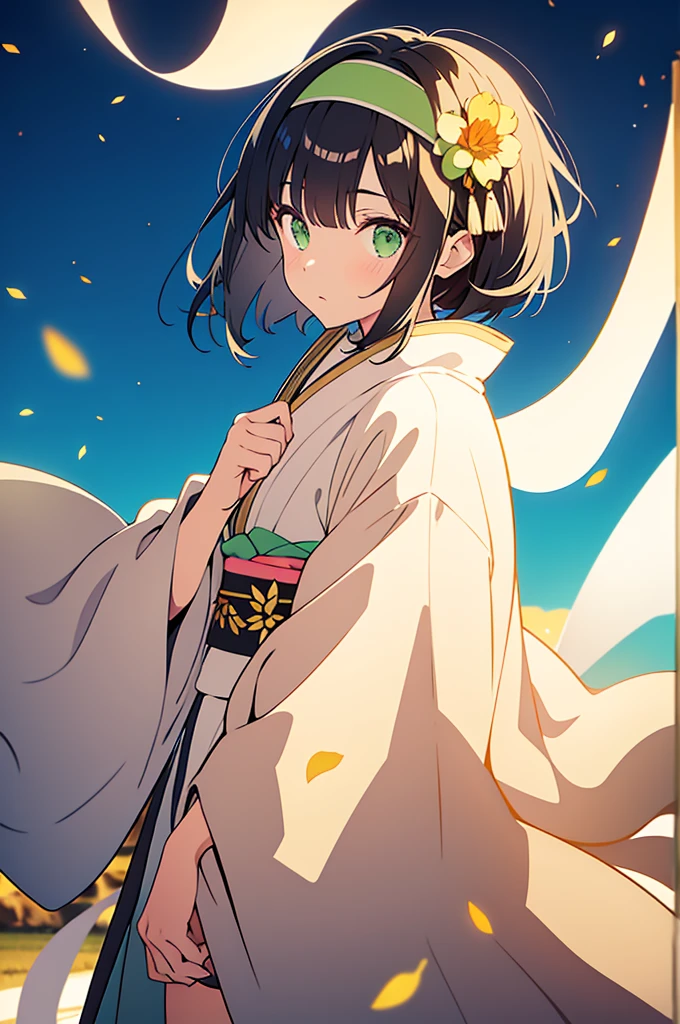 light kimono, silk scarf, headband, short black hair, green eyes