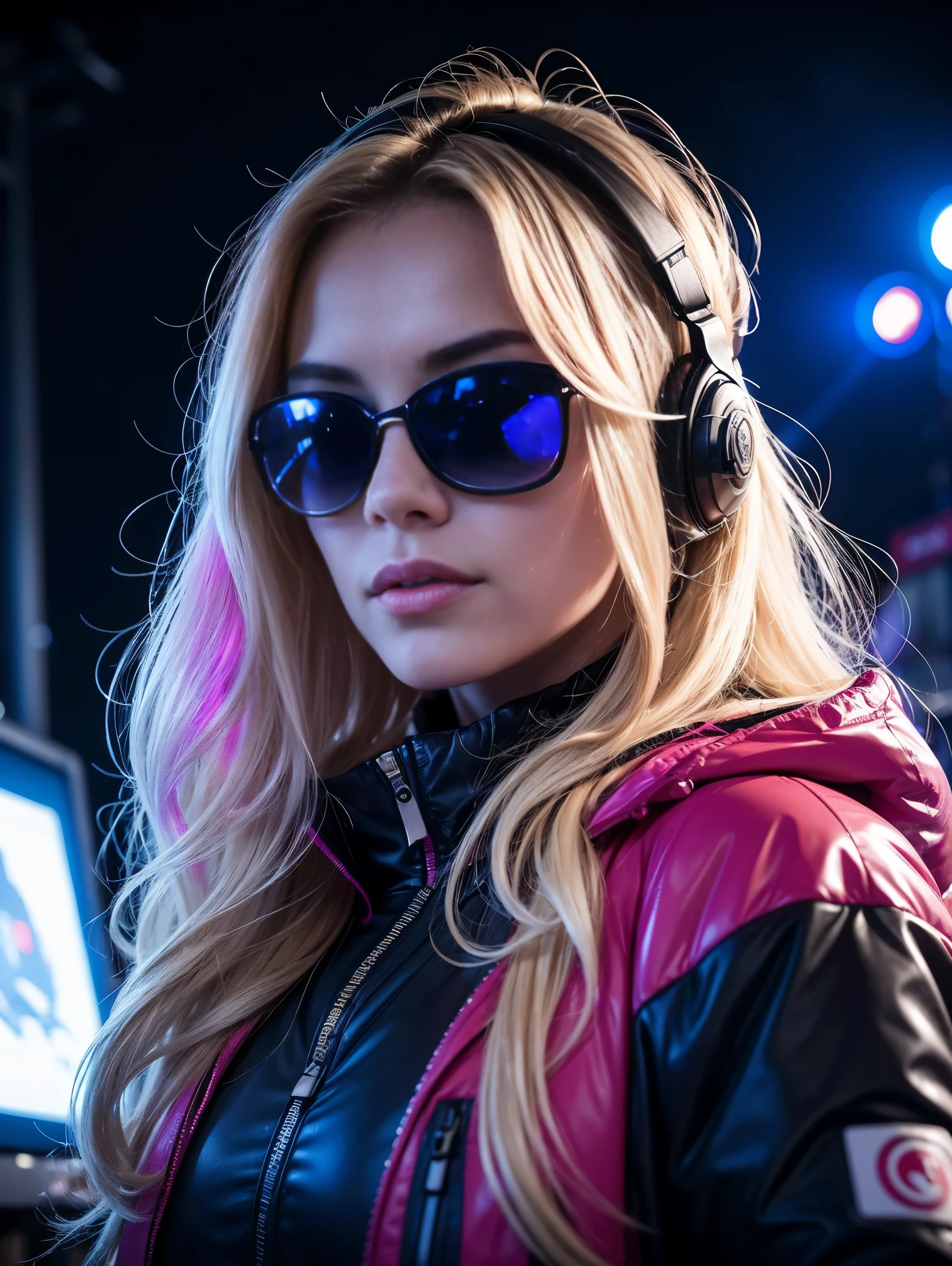 One ultra hot European gorgeous woman, age 23, blonde wavy hair. small sunglasses, full size headphones, dark New Year's outside rave party,DJ working at DJ booth, in a snowy village.neon cyberpunk at night, coordinator neon glow, ultra-detailed, photo-realistic:1.37), portraits, (vivid colors), rave lighting, energetic, enthusiastic, excited, expressive. Winter starry night. Masterpiece. Northern lights, laser light, led lights