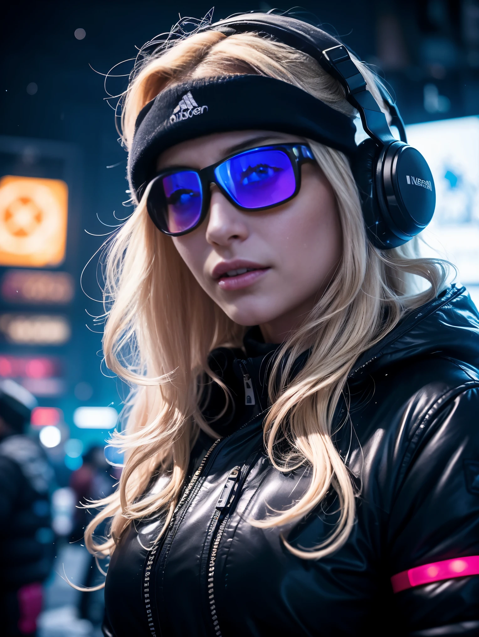 One ultra hot European gorgeous woman, age 23, blonde wavy hair. small sunglasses, full size headphones, dark New Year's outside rave party,DJ working at DJ booth, in a snowy village.neon cyberpunk at night, coordinator neon glow, ultra-detailed, photo-realistic:1.37), portraits, (vivid colors), rave lighting, energetic, enthusiastic, excited, expressive. Winter starry night. Masterpiece. Northern lights, laser light, led lights