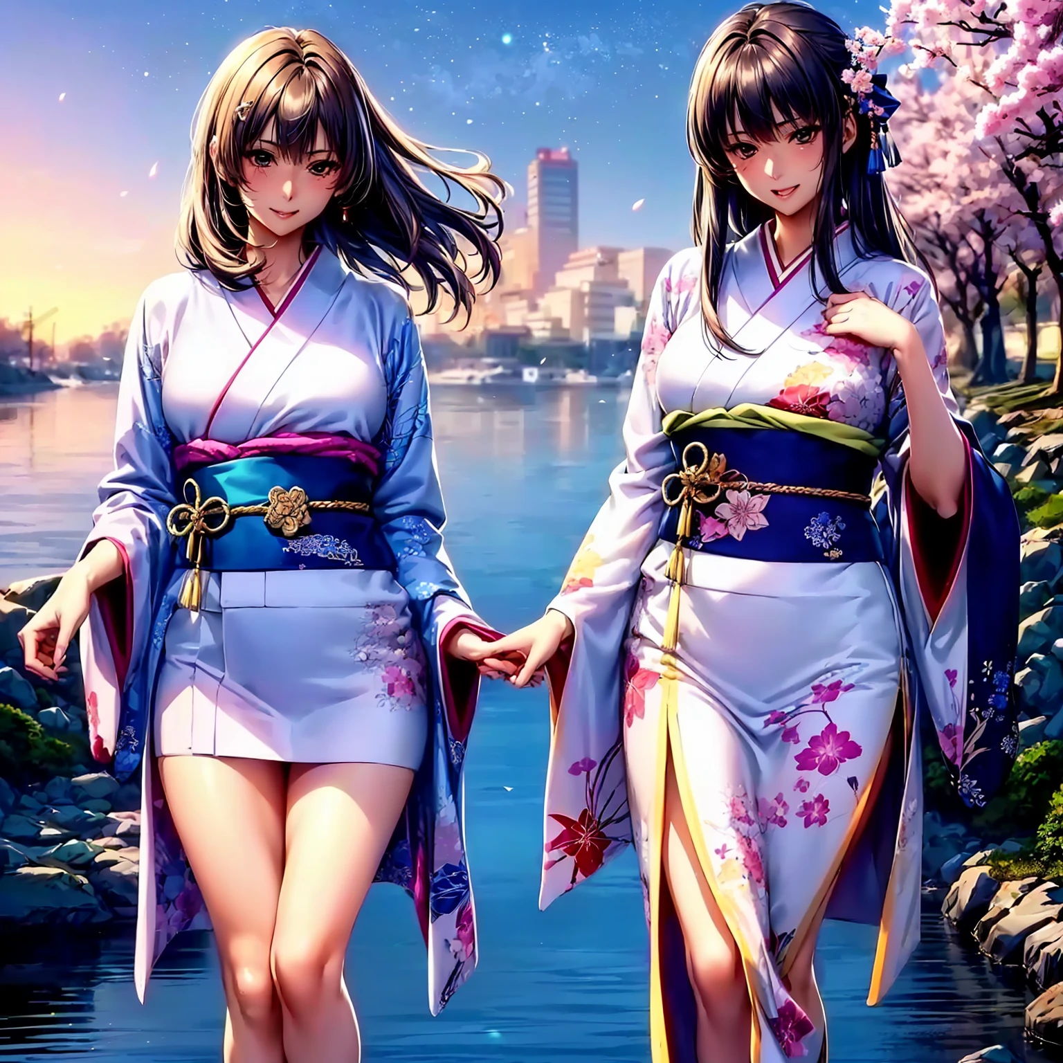 (((highest quality,masterpiece,very high resolution,Super high quality,perfect pixel))), (A beautiful woman with exquisite beauty:1 person,perfect body,beautiful face, cute face、beautiful outline、smile, blush、open your mouth),(long hair, neat bangs, beautiful hair texture),(Beautiful slit eyes,beautiful eyes,strong-willed eyes, beautiful eyelashes, realistic eyes), (Beautiful body with beautiful breasts and beautiful legs,Beautiful skin texture),((Beautiful Japan kimono:Japanese patterns and colors,Japanese decoration,Japanese hair,shoulders are exposed,I can see my thighs)),(Beautiful waterfront,There is a waterfall,Night cherry blossoms and starry sky, Cherry blossoms fall,the wind is blowing,beautiful scenery), (beautiful pose,beautiful posture), (realistic portrait:1.5,realistic skin texture,realistic texture,Lifelike textures,RAW photo,Anime CG style, Bright colors,Beautiful colors)(whole body,I can see my thighs,accurate anatomy、highly detailed images、accurate image、perfect image,Image without defects、natural soft light、beautiful images,bijinga:1.5)、beautiful anime woman, beautiful art style, anime character、(Best Shot 1.5)