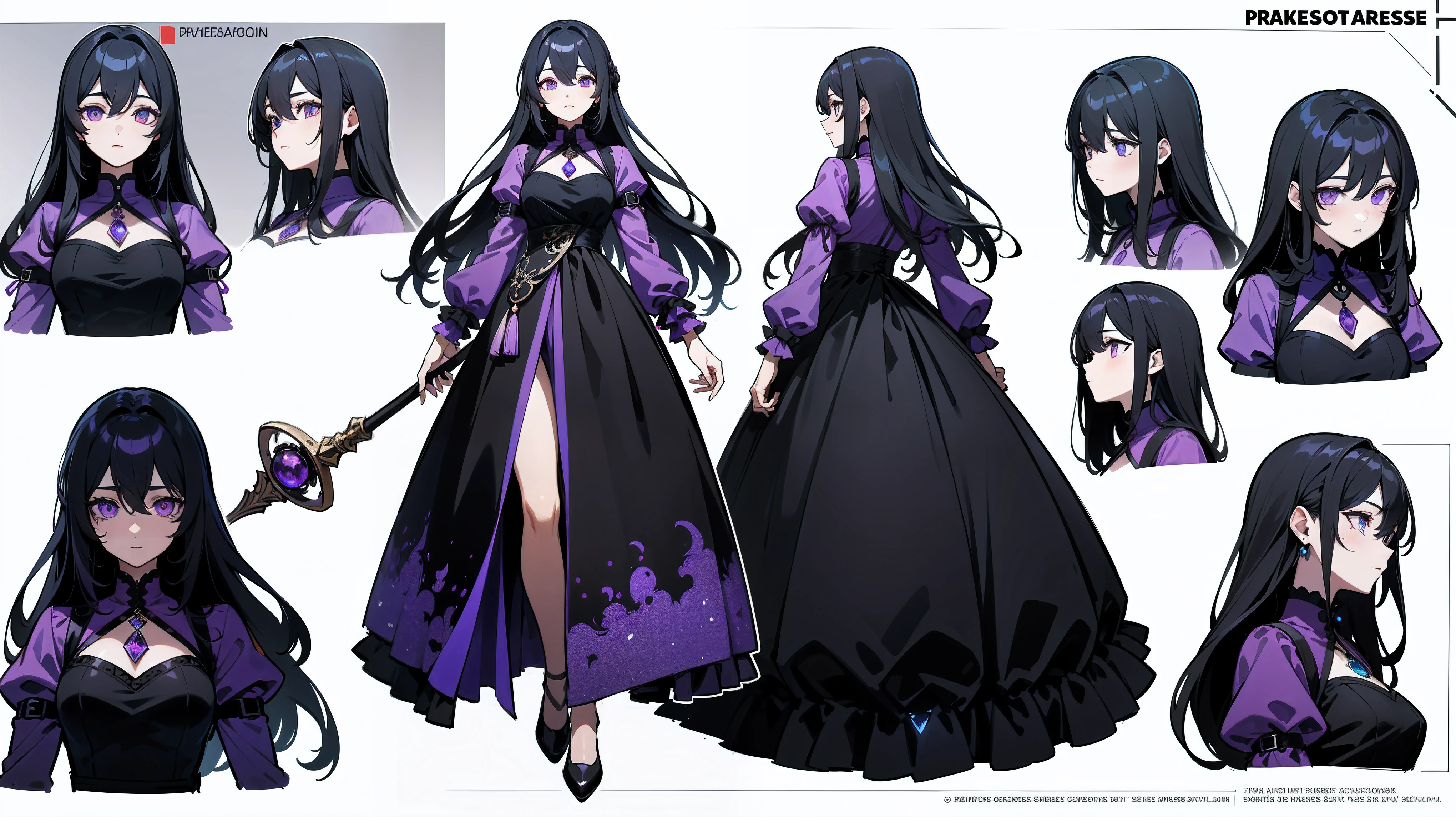 ((masterpiece, best quality)), Detailed face, character table, whole body, 1 girl, Beautiful and delicate eyes, black hair, long hair, ((thick hair)), hair between eyes, crimson and black dress,Embellished with delicate purple gemstones, Light up purple gems, very long clothes, very big clothes, best texture, The best wrinkles, Both hands hold an ornate staff inlaid with purple gems, full of details, Various poses and expressions, Very detailed, depth, Many parts,8K resolution