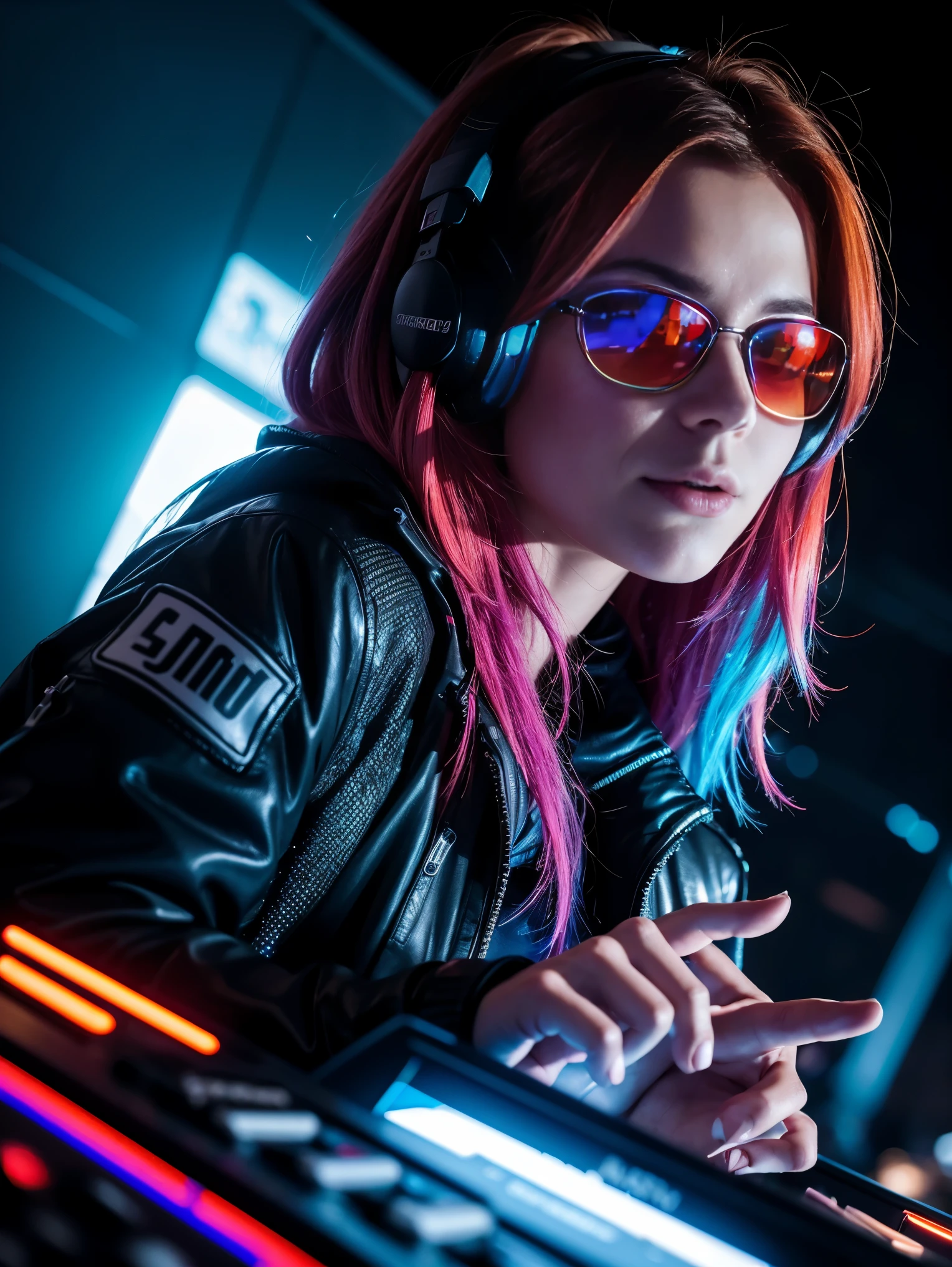 One ultra hot European gorgeous woman, age 23, auburn wavy hair. (sunglasses), full size headphones, dark New Year's outside rave party,DJ mixing on the DJ booth, raised hand. in a snowy village.neon cyberpunk at night, coordinator neon glow, ultra-detailed, photo-realistic:1.37), portraits, (vivid colors), rave lighting, energetic, enthusiastic, excited, expressive. Winter starry night. Masterpiece. Northern lights, laser light