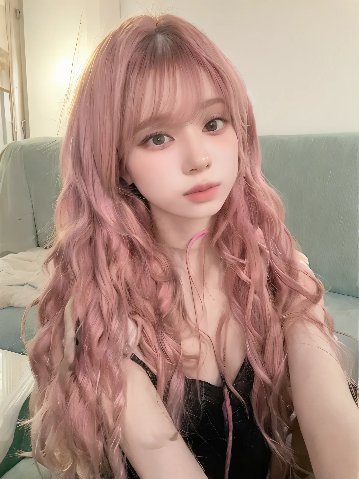 arafed woman with cabelo rosa and a black dress sitting on a couch, long flowing cabelo rosa, Bela Delfina, flowing cabelo rosa, cabelo liso rosa, with cabelo rosa, long cabelo rosa, pastel rosa, cabelo rosado e ralo, light cabelo rosa, curly cabelo rosa, Ulzzang, long light cabelo rosa, rosa pastel, cabelo rosa, núcleo de fadas