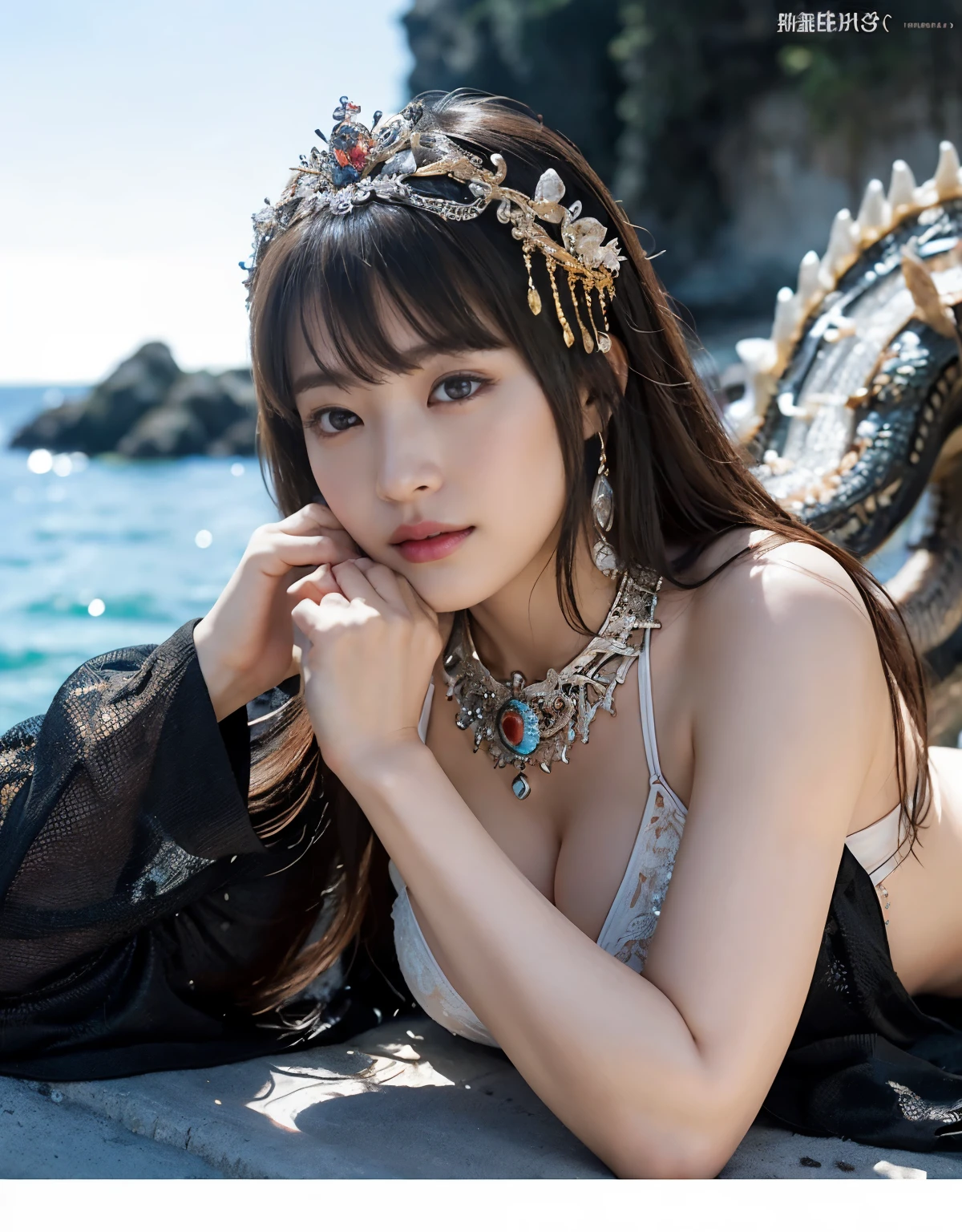 (heavy chest)、highest quality、masterpiece、ultra high resolution、(white dragon armor)、(((Metal製))),(((big breasts)))、(((detailed white micro bikini))),(She wears a beautiful crown made of precious stones.),(Photoreal:1.4)、RAW photo、1 girl、(((random hair))、(((color々take a pose)))、glowing skin、(((black chinese dragon)))、intricate and gorgeous hair ornaments、(Looks like a gorgeous jewelry necklace)、(someone who looks at you calmly, Eyes like a goddess.)happiness:1.2)、(metal bikini background)).((Beautiful coral and sea background))、steep cliff、(ruins background)、((Super realistic details))、portrait、global illumination、(sexy pose)、Shadow、octane rendering、8K、big breasts、Raw skin exposed in the cleavage、Metal、intricate decorative details、Japan details、very intricate details、realistic light、CG Society Trenlow Eyes、Eyes shining towards the camera、2 stocks、(veil)、(((heavy big))),Shining eyes shine、armpit、