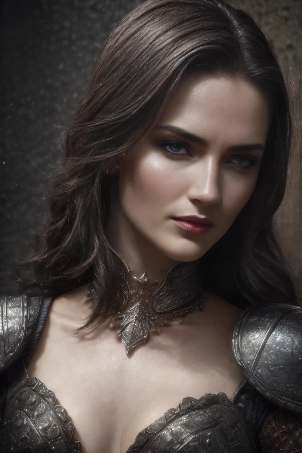a beautiful woman ciborgue warrior in the Style-RustMagic, Aumento Cyberpunk, Ciberware, ciborgue, fibra de carbono, cromada, implantes, Metal skull, Cyber Plate Armadura, (atmosfera escura:1.2), (Mist & smoke), (noite escura:1.3), Cicatrizes, (shaggy medium length dark hair:1.1), (sombra:1.1), (brilho lindamente detalhado:1.2), (cinematic lighting), detalhe intrincado, high resolution, olhos arredondados, detailed facial features, sharp focus, suave, aesthetics, Dark industrial factory detailed background, pose elegante, Dynamic Posture, (Dramatic painting), (Opt-6000:0.9)