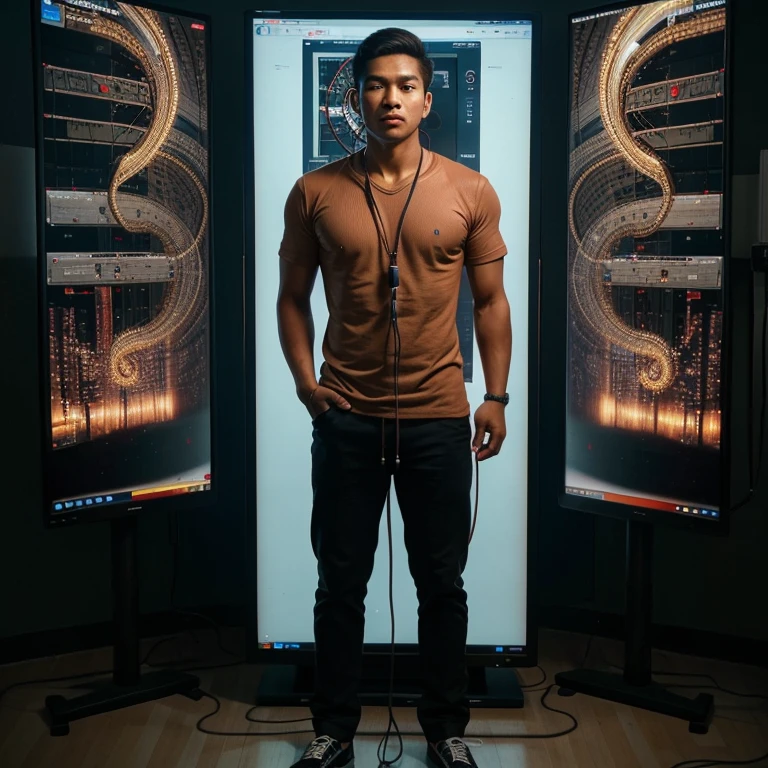 Hyperrealistic pictures of a handsome Indonesian student. One student is standing. With brainwash cable in his ear for mind controlling him. The cables was connect to the monitor shows spiral brainwashing figure. And he will obey