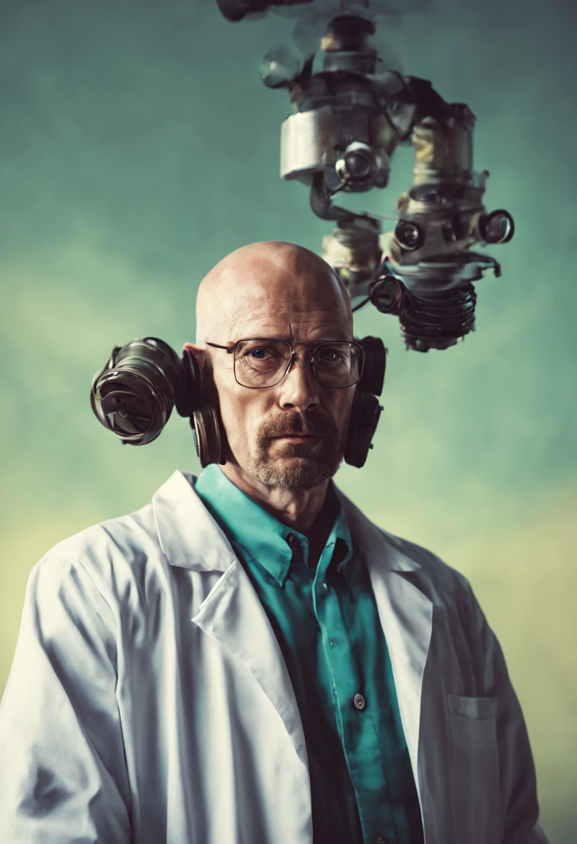 A Stunning Intricate Full Color Upper Body Photo of a Breaking Bad Character,Man with glasses, (wearing a lab coat,A gas mask is worn on his head), bald,
Epic character composition,
author:Ilya Kuvshinov, Alessio Albi, Nina Masik,
sharp focus, natural lighting, subsurface scattering, f2, 35mm, film grain