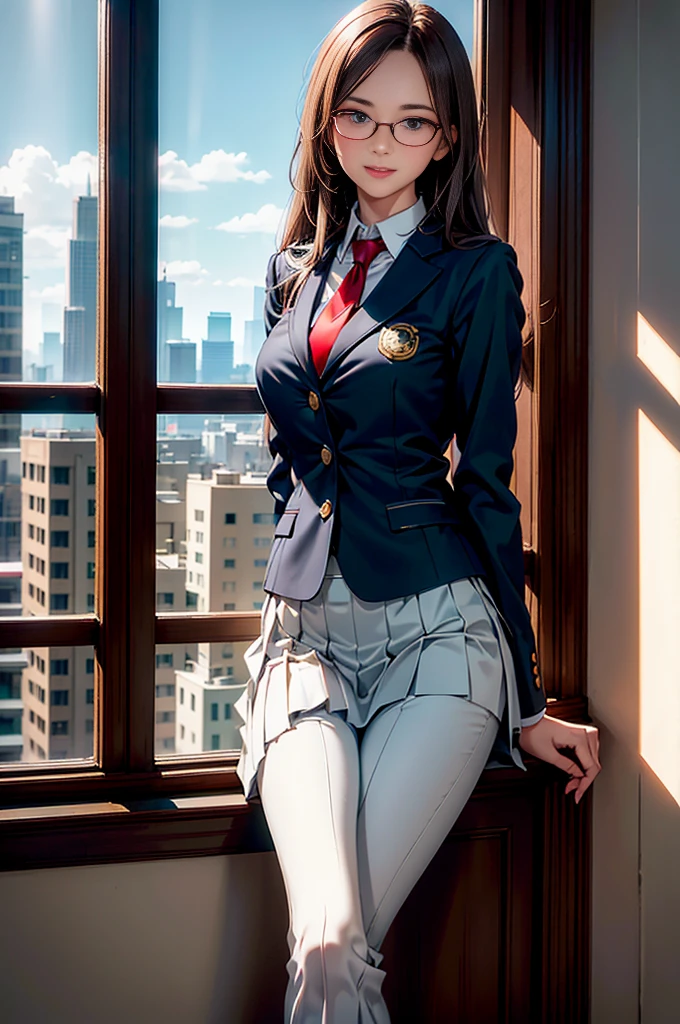 1 girl、((Beautiful girl sitting in classroom))、long legs、crossed legs、((laughter))、moderate sized breasts,、(8K、Raw photo、highest quality、master piece:1.2)、(hentel realism、photo realistic:1.37)、school uniform、((Girl in white blazer、Open in front of uniform)), Badge on the chest、、translucent white shirt、、red tie、、flare skirt,Refinement check,((wearing a skirt)),Light chestnut long straight hair,,(skyscrapers outside the window)、wearing glasses,((I can see my pants)),((Skirt soars in the wind))、