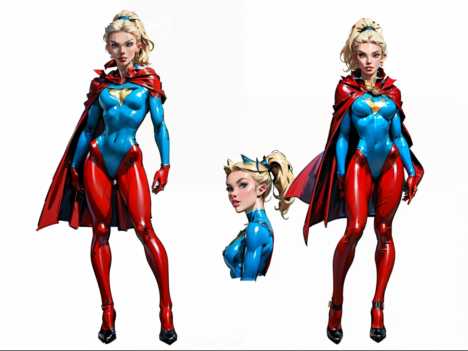 ((masterpiece)),(((best quality))),((character design sheet)), ((full body view)), (Asian face), illustration,1girl, muscular, ((blue bodysuit:1.5)), superhero, (blonde ponytail:1.4), (red cape:1.4) ((detailed face:1.4)) ((slendered abs:1.4)), red gloves, red boots, ((flat chest)), beautiful woman, (red thighhighs:1.3)shiny skin, (gold emblem on chest:1.2),scribbles and marks, (puffy lips:1.5), rough sketches, pose, 8k,16k, (simple background, white background: 1.3)