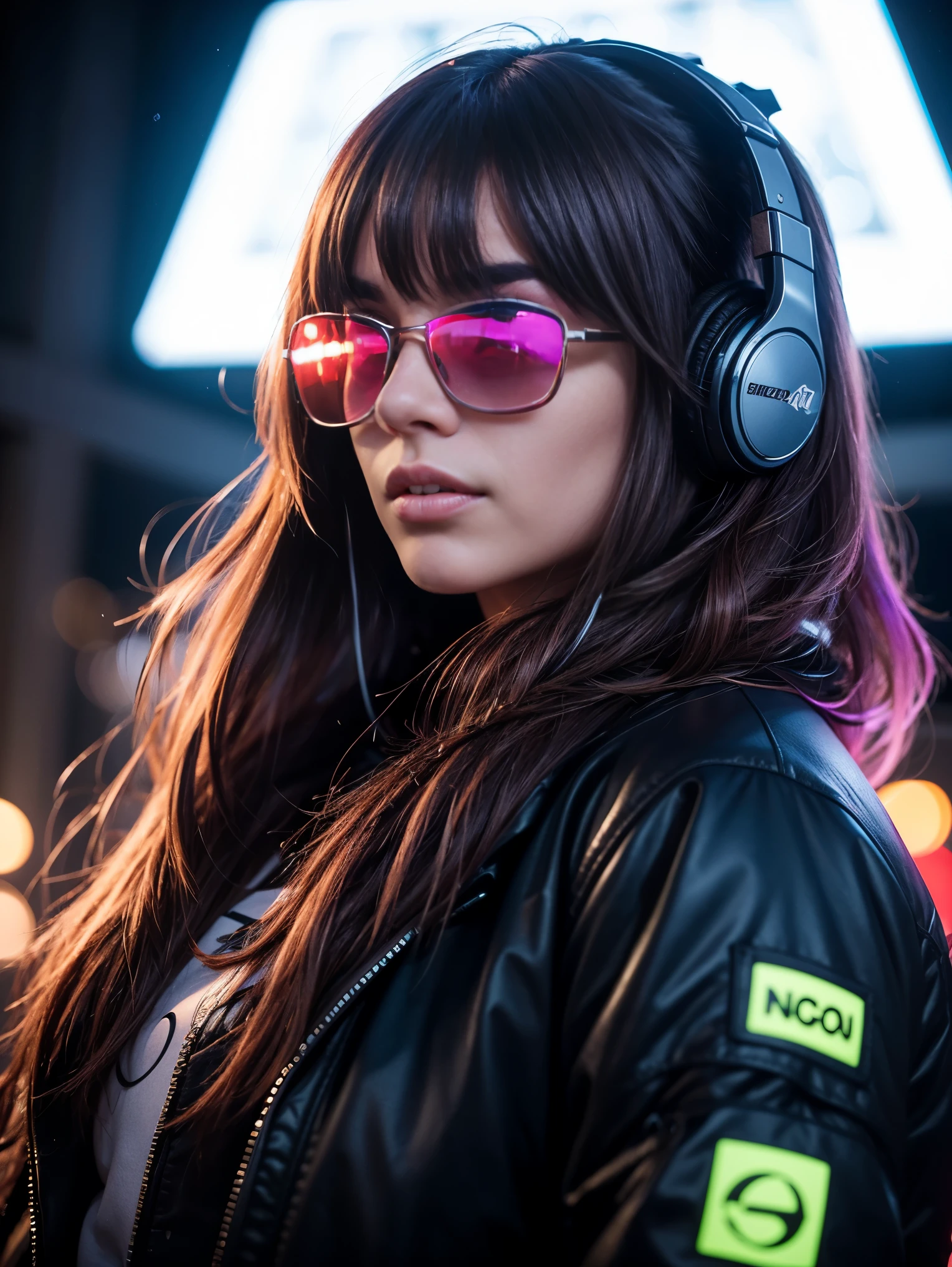 One ultra hot European gorgeous woman, age 23, auburn wavy hair. (sunglasses), full size headphones, dark New Year's outside rave party,DJ working at DJ booth, in a snowy village.neon cyberpunk at night, coordinator neon glow, ultra-detailed, photo-realistic:1.37), portraits, (vivid colors), rave lighting, energetic, enthusiastic, excited, expressive. Winter starry night. Masterpiece. Northern lights, laser light