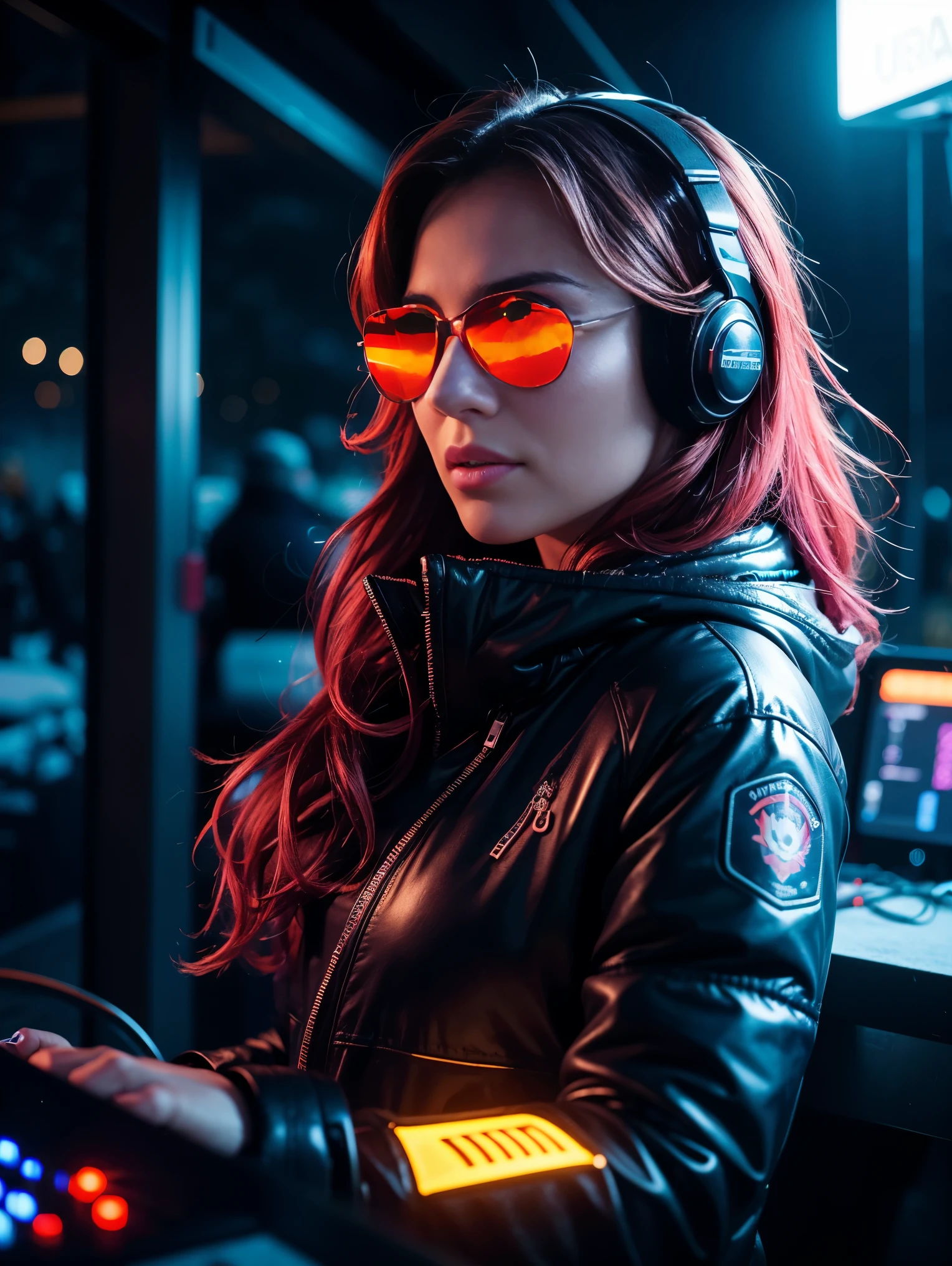 One ultra hot European gorgeous woman, age 23, auburn wavy hair. (sunglasses), full size headphones, dark New Year's outside rave party,DJ working at DJ booth, in a snowy village.neon cyberpunk at night, coordinator neon glow, ultra-detailed, photo-realistic:1.37), portraits, (vivid colors), rave lighting, energetic, enthusiastic, excited, expressive. Winter starry night. Masterpiece. Northern lights, laser light