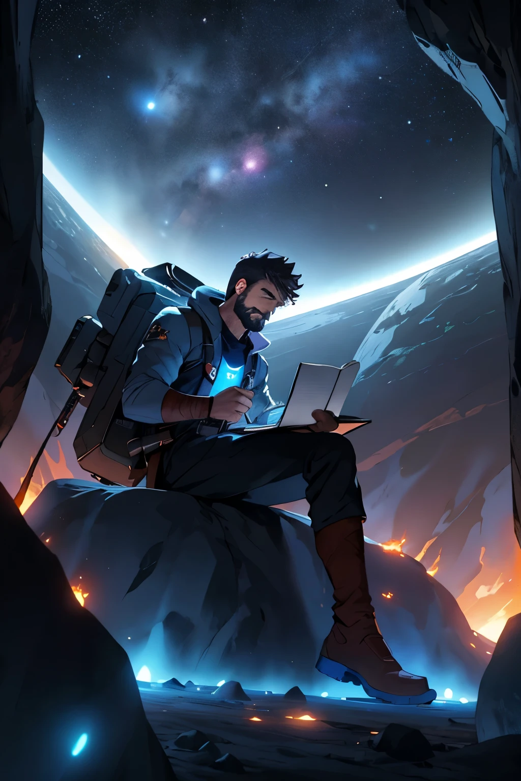 Draw a young programmer, sitting on a research platform floating in the middle of an asteroid belt. He is studying with a notebook, surrounded by several asteroids glowing with fiery auras. Dramatic lighting from distant stars and planets illuminates the scene, casting deep shadows on the suit. The young man looks confident and determined, looking at the vast and mysterious universe with wonder and respect,facial hair, cowboy shot,