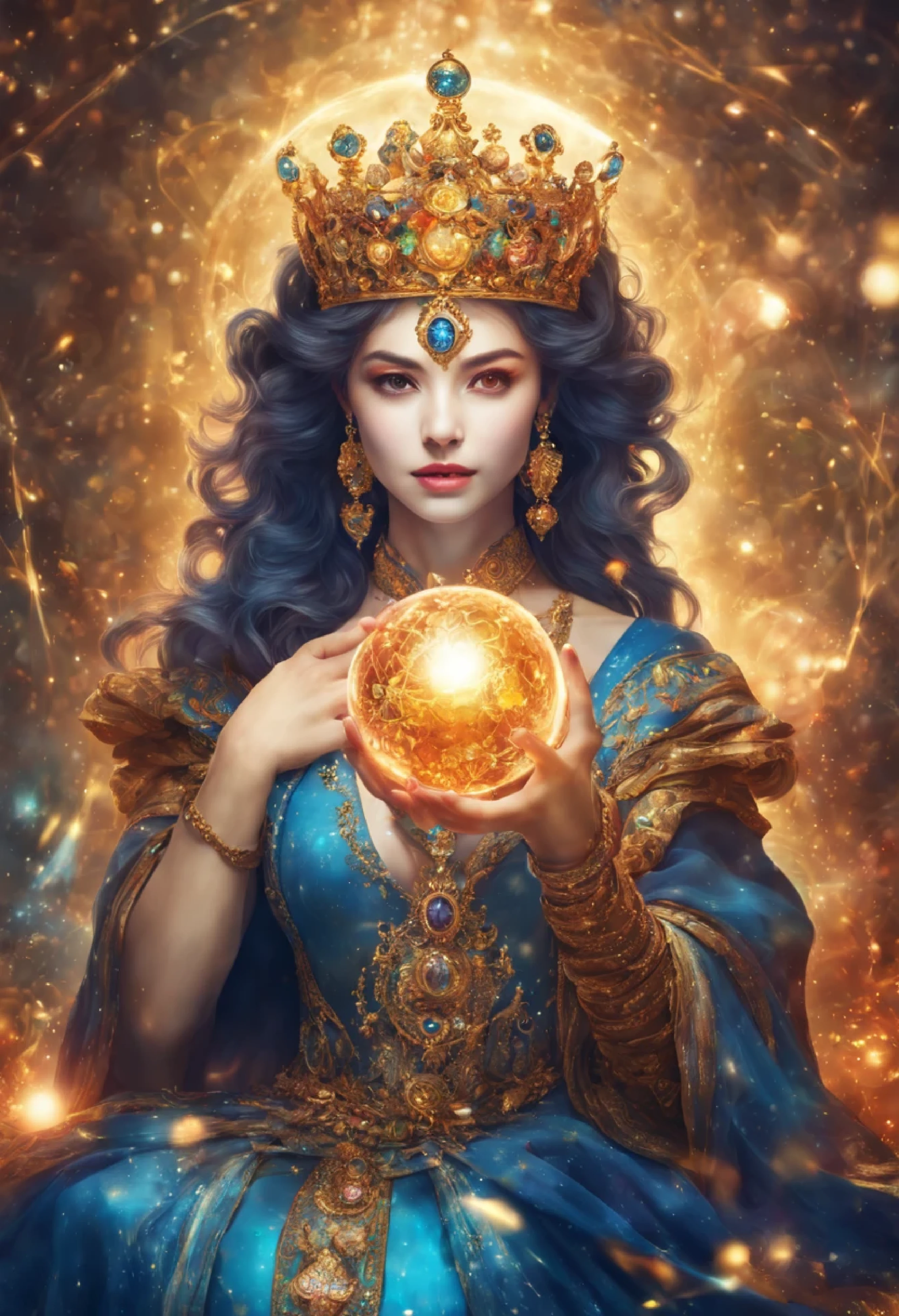 Tarot fortune telling、crown、Queen、A shining enchanting deity adorned with jewels、Holding a glowing sphere in your hand　Look directly at the camera， in the center，very bright colors, particles of light, light shines, Musif, wallpaper art, UHD Wallpapers、Mysterious、shining blue aura、upper body up
