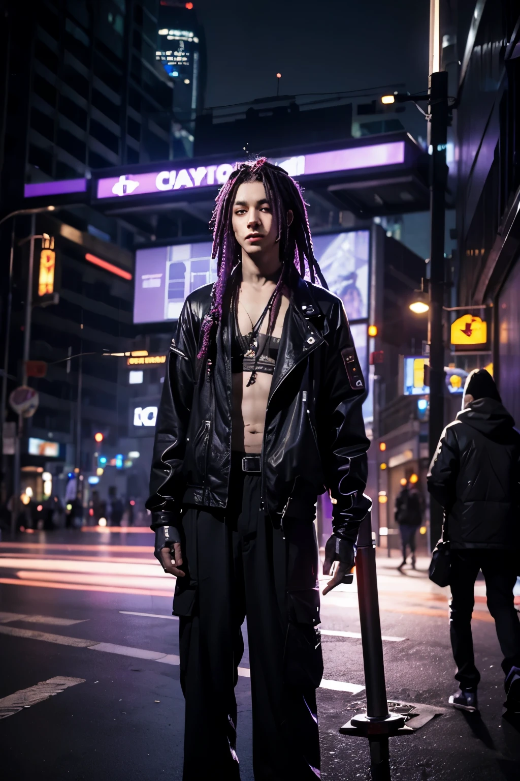 data broker man with violet dreadlocks and soft white eyes in cyberpunk fashion and with a chromed cybernetic arm