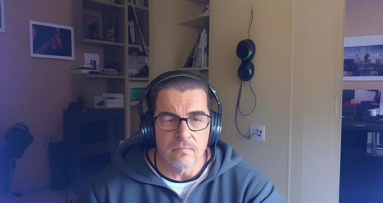 Hay un hombre con auriculares y una sudadera sentado en una mesa, webcam screenshot, con auriculares, contraction serpentine / jugador ludwig, shot on webcam, webcam, con auriculares, webcam footage, only 3 / 4 Retrato, facing toward camera, imagen muy granulada, : :, Uso de auriculares, Usar auriculares, frente a un ordenador, tiro de busto