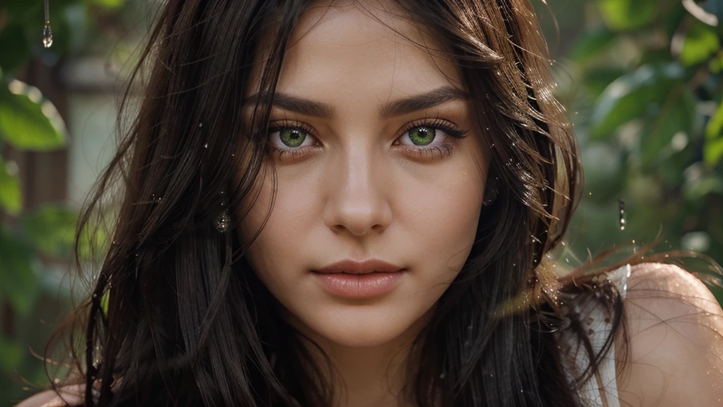 Beautiful female, dark hair, close up on her expressive green eyes, slim face, adorned with long lashes and a captivating gaze, multiple raindrops delicately cascading down her face, adding a vibrant and alluring touch, hair pulled behind 1 side of ear