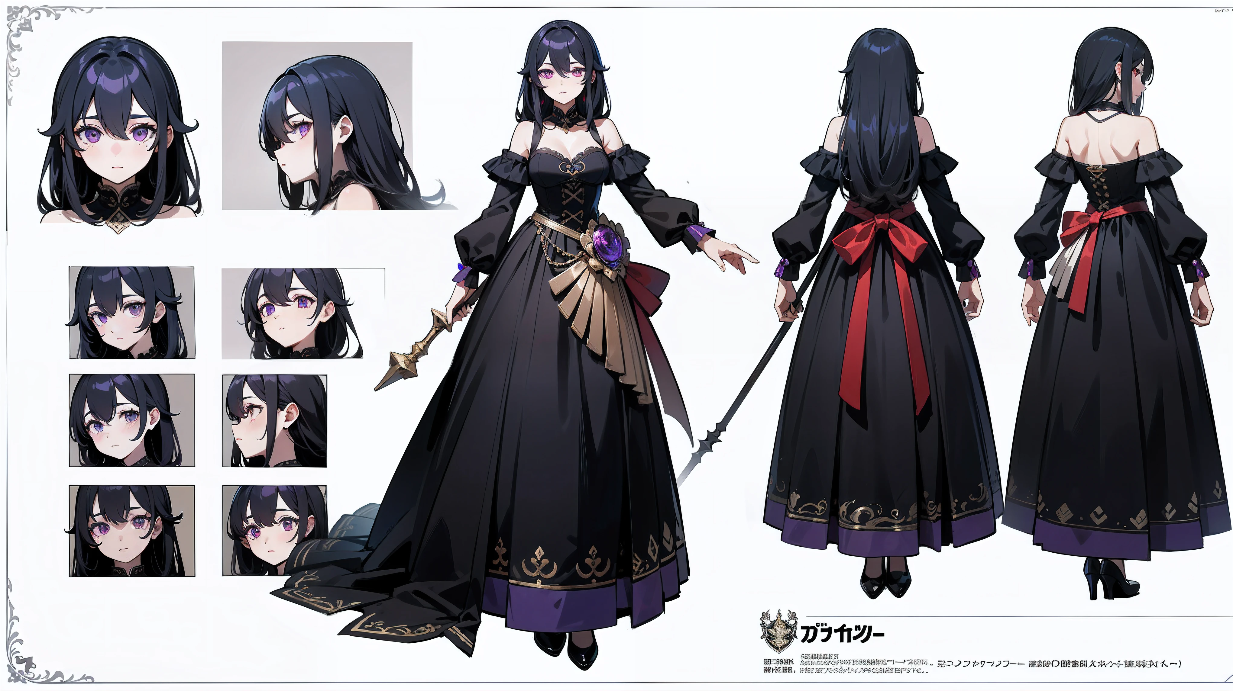 ((masterpiece, best quality)), Detailed face, character table, whole body, 1 girl, Beautiful and delicate eyes, black hair, long hair, ((thick hair)), hair between eyes, crimson and black dress，Embellished with delicate purple gemstones, Light up purple gems, very long clothes, very big clothes, best texture, The best wrinkles, Both hands hold an ornate staff inlaid with purple gems, full of details, Various poses and expressions, Very detailed, depth, Many parts,8K resolution