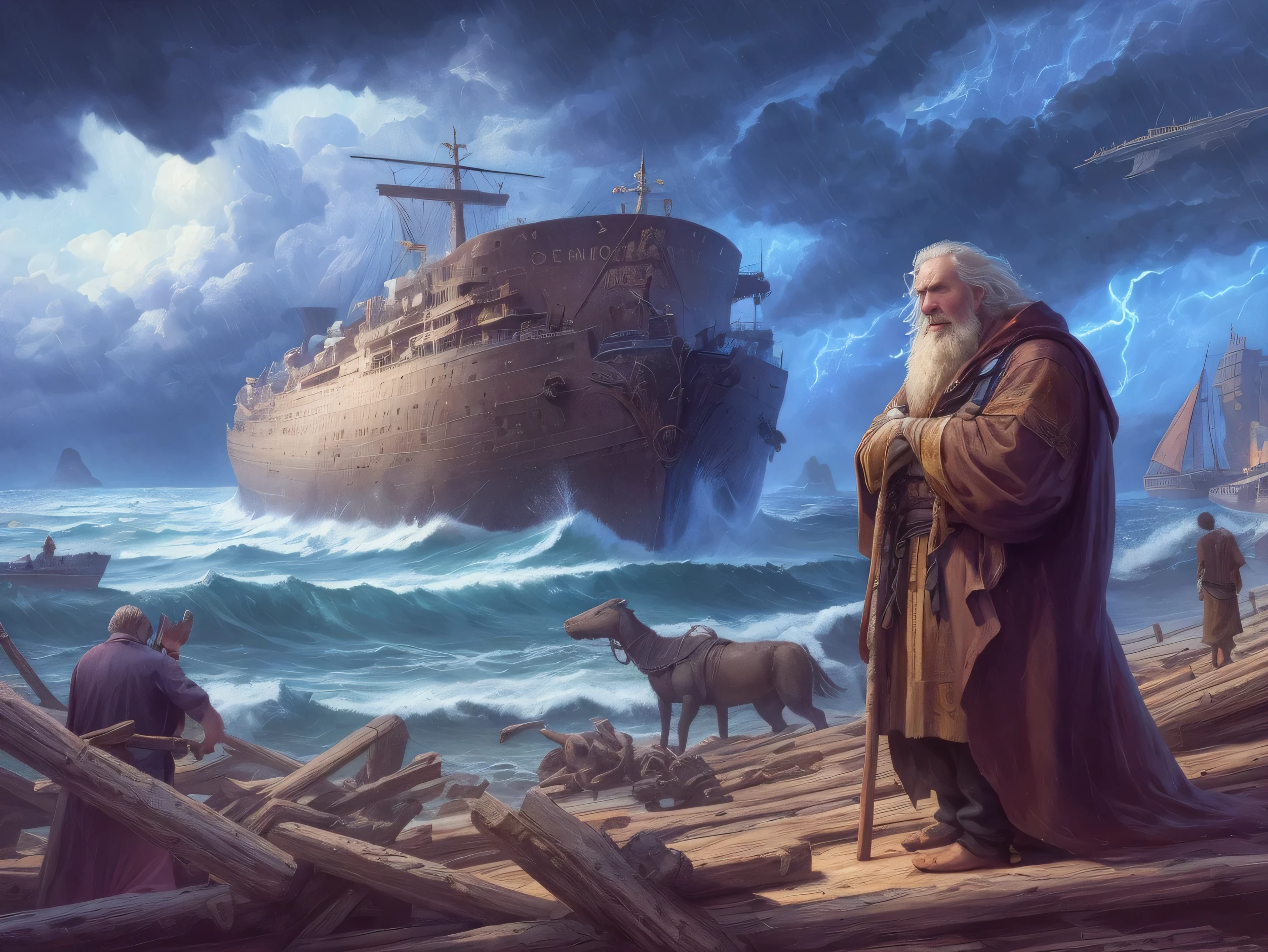 hombre arafed parado en una playa con un barco en el fondo, Un barco perdido en una tormenta, noah's ark, por Ted Nasmith, epic biblical depiction, por Johfra Bosschart, por Noah Bradley, por Tim Hildebrandt, the sea and storms behind him, Darrell K Dulce, por David G. Sorensen, por Mort Artists