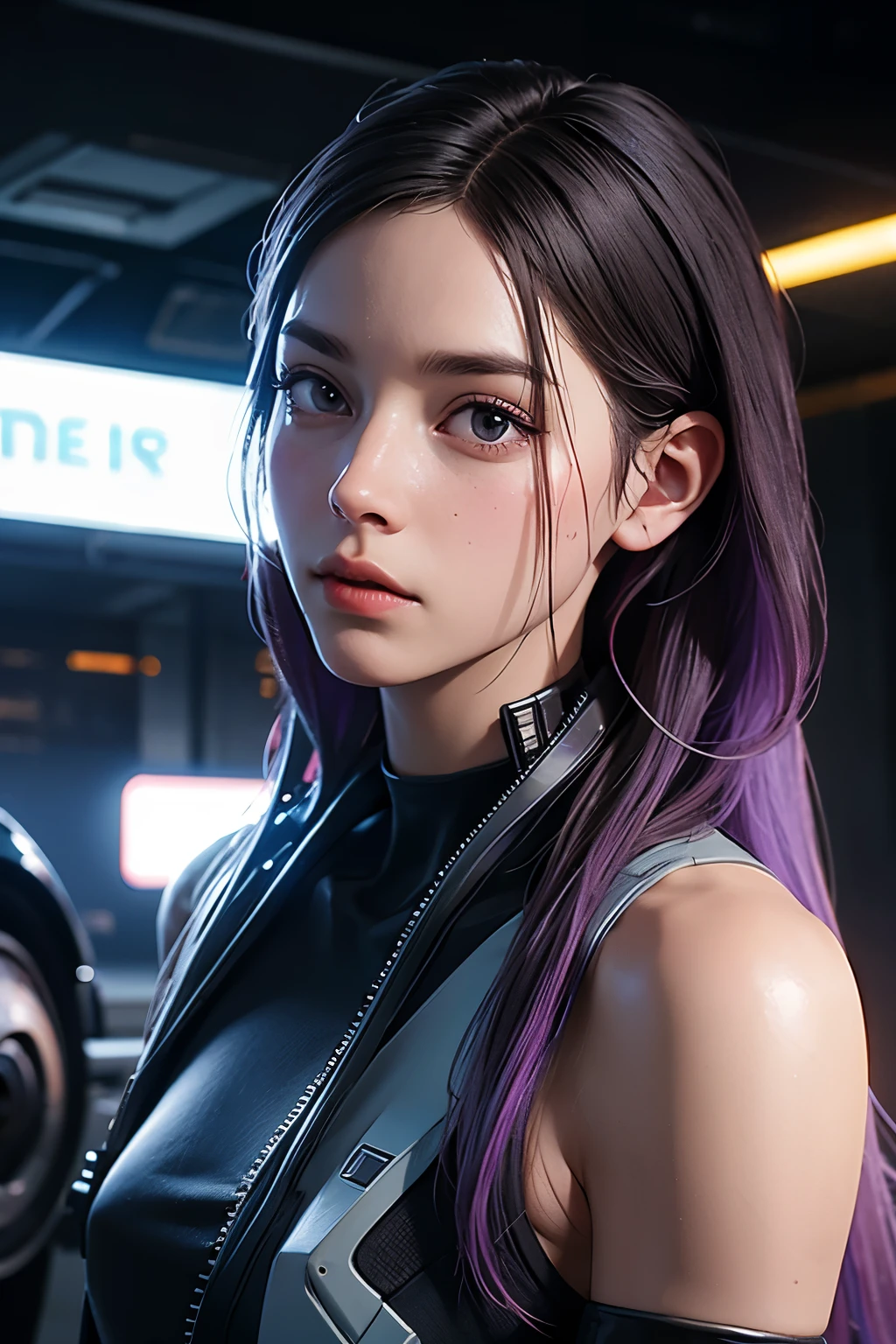 data broker man with violet dreadlocks and soft white eyes in cyberpunk fashion and with a chromed cybernetic arm