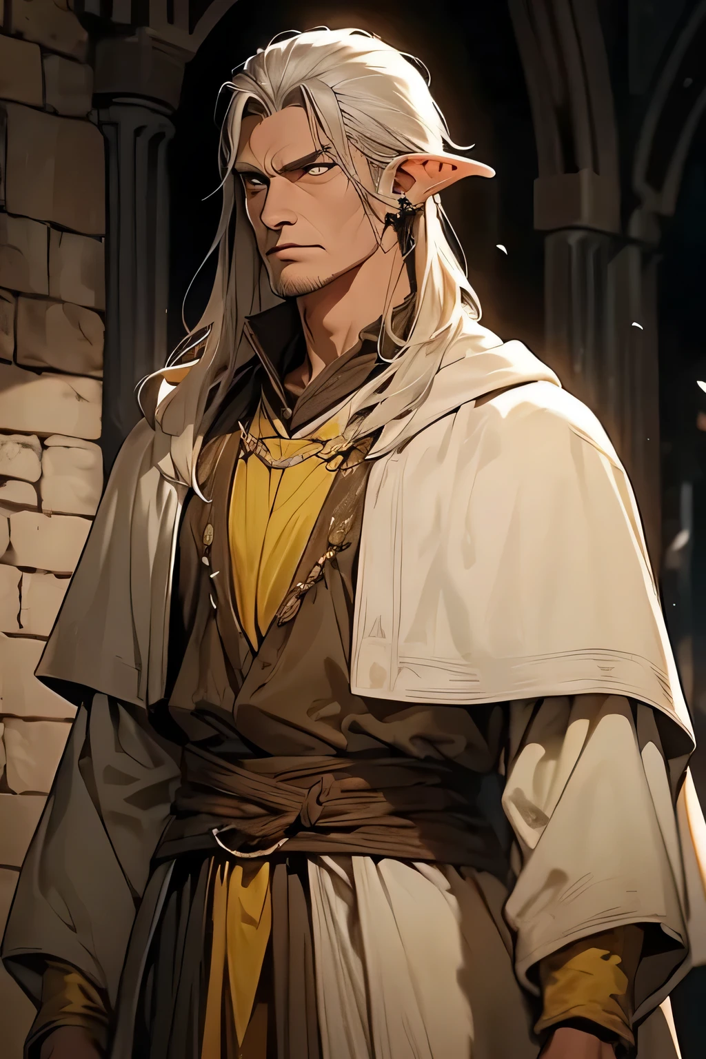 homem com ombros largos, 50 anos, pele amarela, orelhas pontudas, Medieval Physician, middle ages, rosto inexpressivo