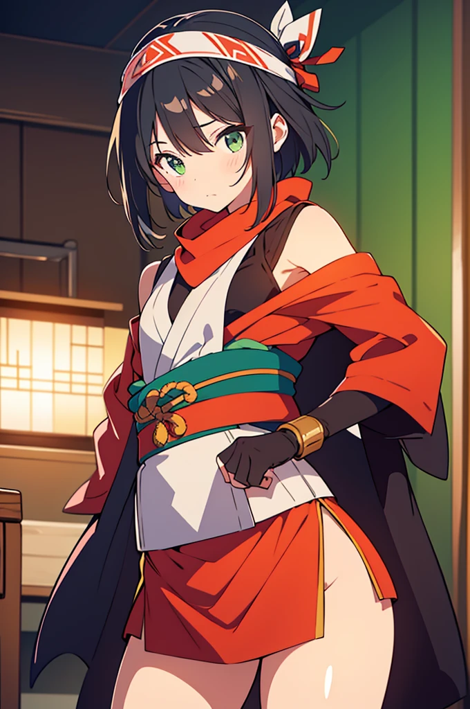 revealing shinobi clothes, silk scarf, headband, short black hair, green eyes
