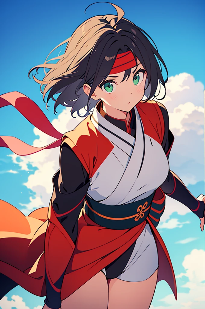 revealing shinobi clothes, silk scarf, headband, short black hair, green eyes