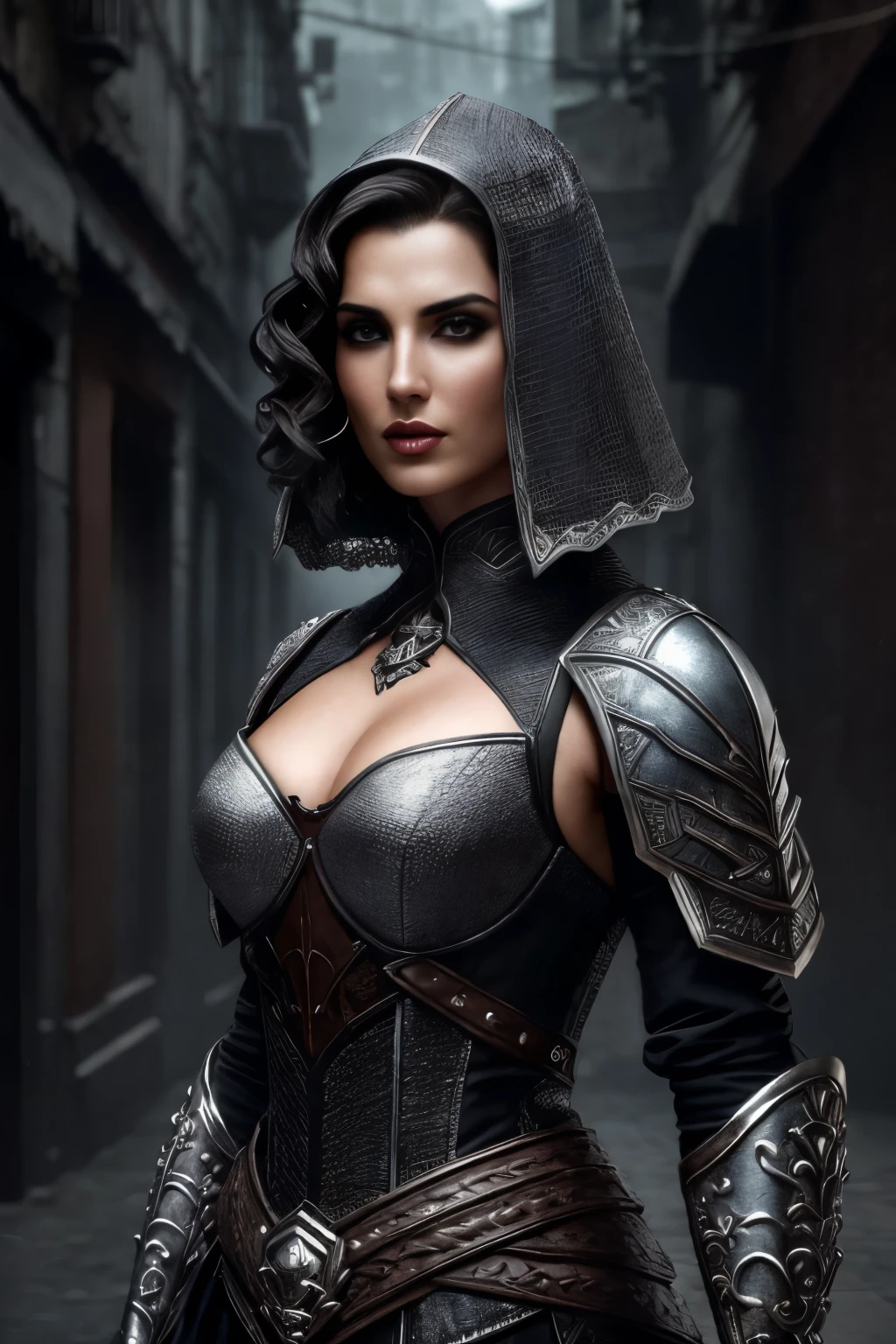 a beautiful woman ciborgue warrior in the Style-RustMagic, Aumento Cyberpunk, Ciberware, ciborgue, fibra de carbono, cromada, implantes, Metal skull, Cyber Plate Armadura, (atmosfera escura:1.2), (Mist & smoke), (noite escura:1.3), Cicatrizes, (shaggy medium length dark hair:1.1), (sombra:1.1), (brilho lindamente detalhado:1.2), (cinematic lighting), detalhe intrincado, high resolution, olhos arredondados, detailed facial features, sharp focus, suave, aesthetics, Dark industrial factory detailed background, pose elegante, Dynamic Posture, (Dramatic painting), (Opt-6000:0.9)