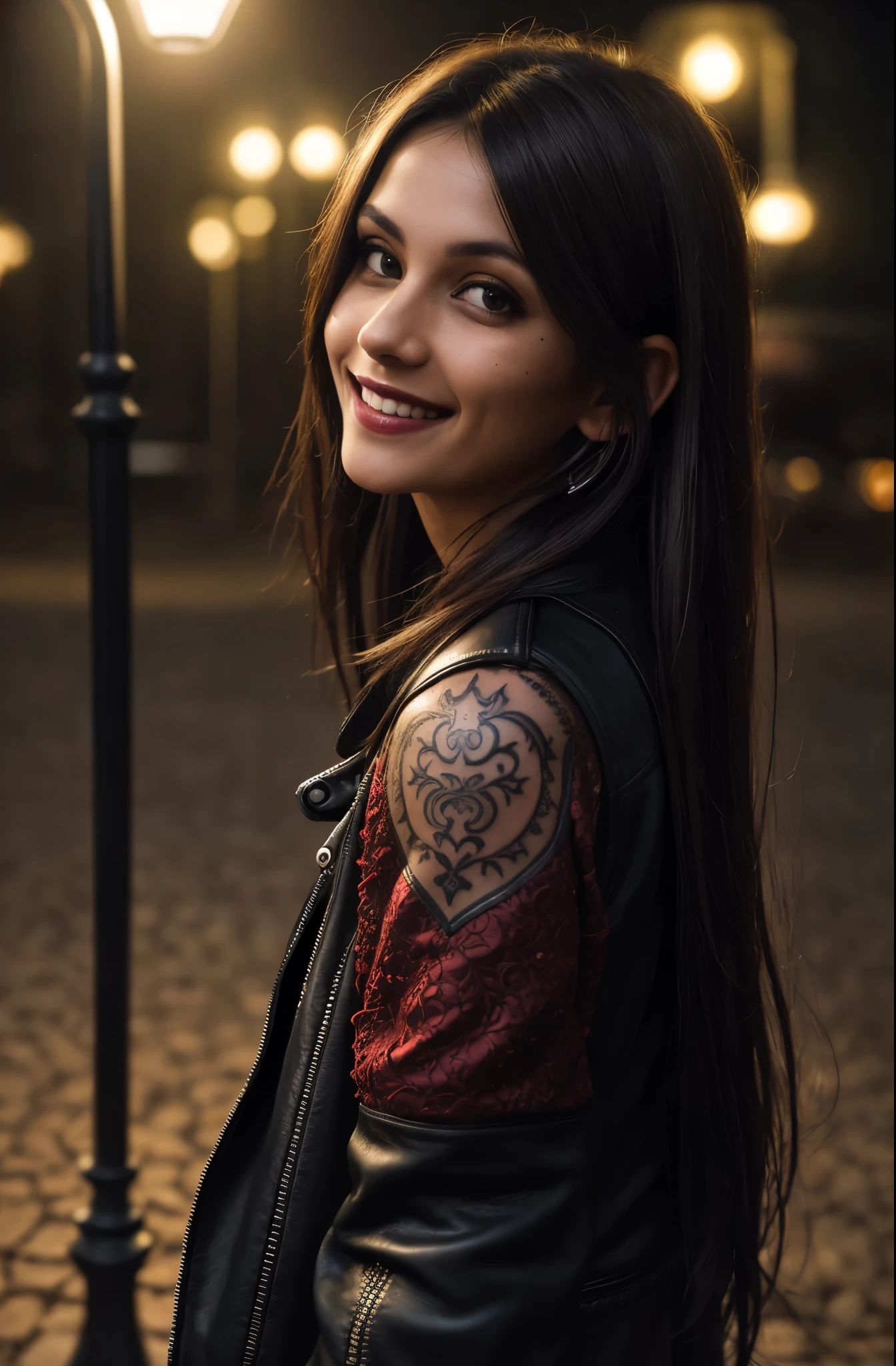 (pov)+++, (bokeh)++, RAW photo, (intricate and detailed eyes), alone, (side shot)+, close up portrait, cheeky smile, (40 year old brunette woman), tattooed, skinny, leaning against the wall with her back, red shirt and black leather jacket, (look at the camera), intricate details, skin imperfections, halo of light, night light from street lamps spilling over the face, facial details, realistic and detailed teeth, incredible intricate details, dark shadows, (playground at night), real lighting, blooming, volumetric lighting, cinematic lighting (ultra skin texture), (symmetrical eyes), beams of light coming through the haze.
