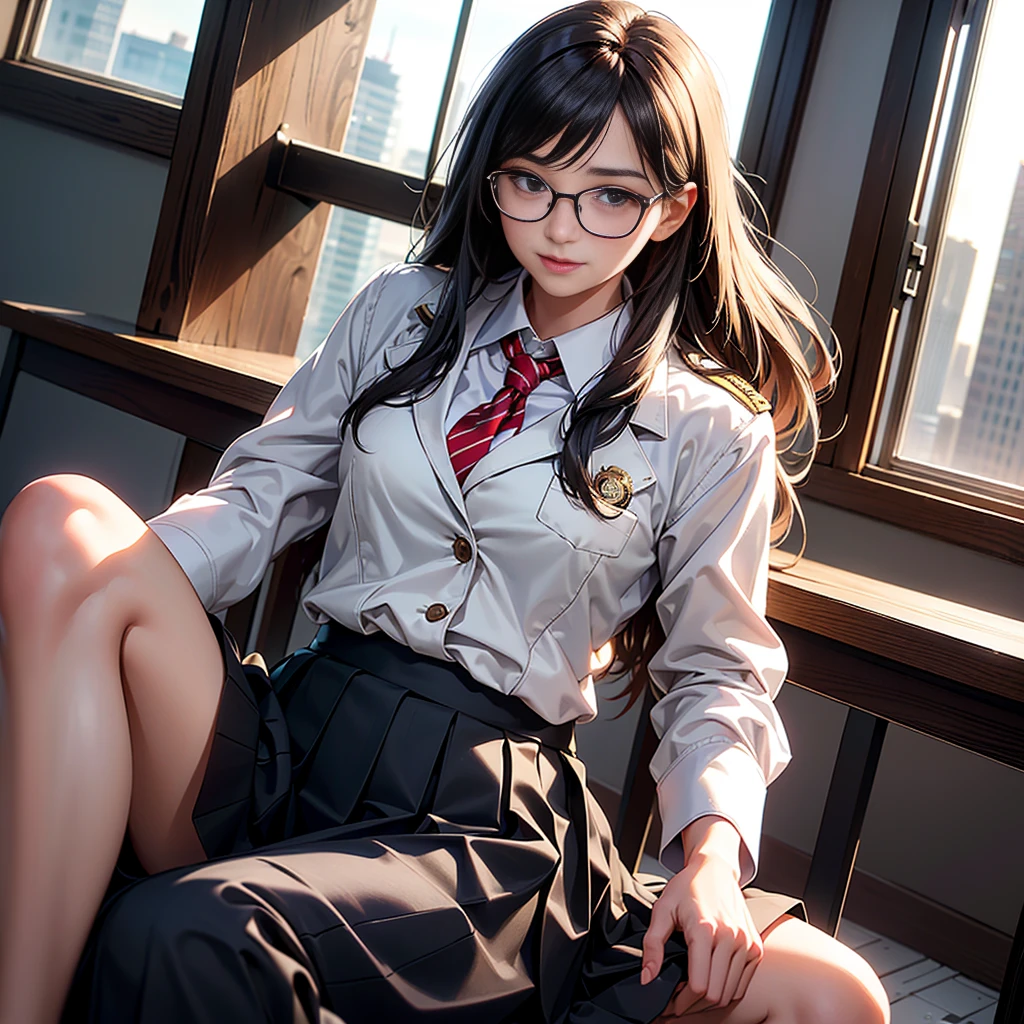 1 girl、((Beautiful girl sitting in classroom))、long legs、crossed legs、((laughter))、moderate sized breasts,、(8K、Raw photo、highest quality、master piece:1.2)、(hentel realism、photo realistic:1.37)、school uniform、Thighs、((Girl in white blazer、Open in front of uniform)), Badge on the chest、translucent white shirt、red tie、flare skirt,Refinement check,((wearing a skirt)),Light chestnut long straight hair、skyscrapers outside the window)、wearing glasses,((I can see my pants)),((Skirt soars in the wind))、