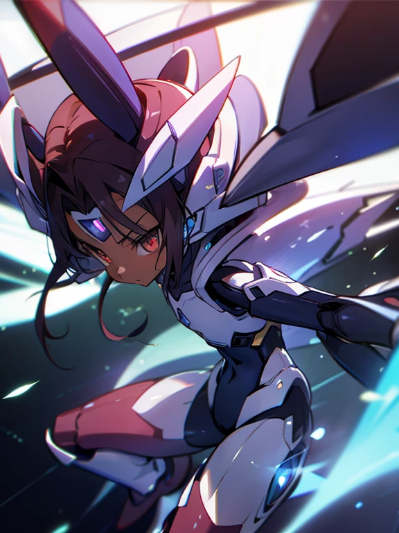 Masterpiece, best quality, highres, amazing quality, devouring the starry sky, tenchi muyo, (mega mewtwo y), flat chested, (male), (8 year old boy), (shota), (Dark skin), cute, red eyes, very long dark brown hair, blue gem on forehead, white mecha musume armour, white exosuit armour, black powersuit, white mecha armour legging, mecha funnel bits, badass, cool, shounen, close up, adorable, clean