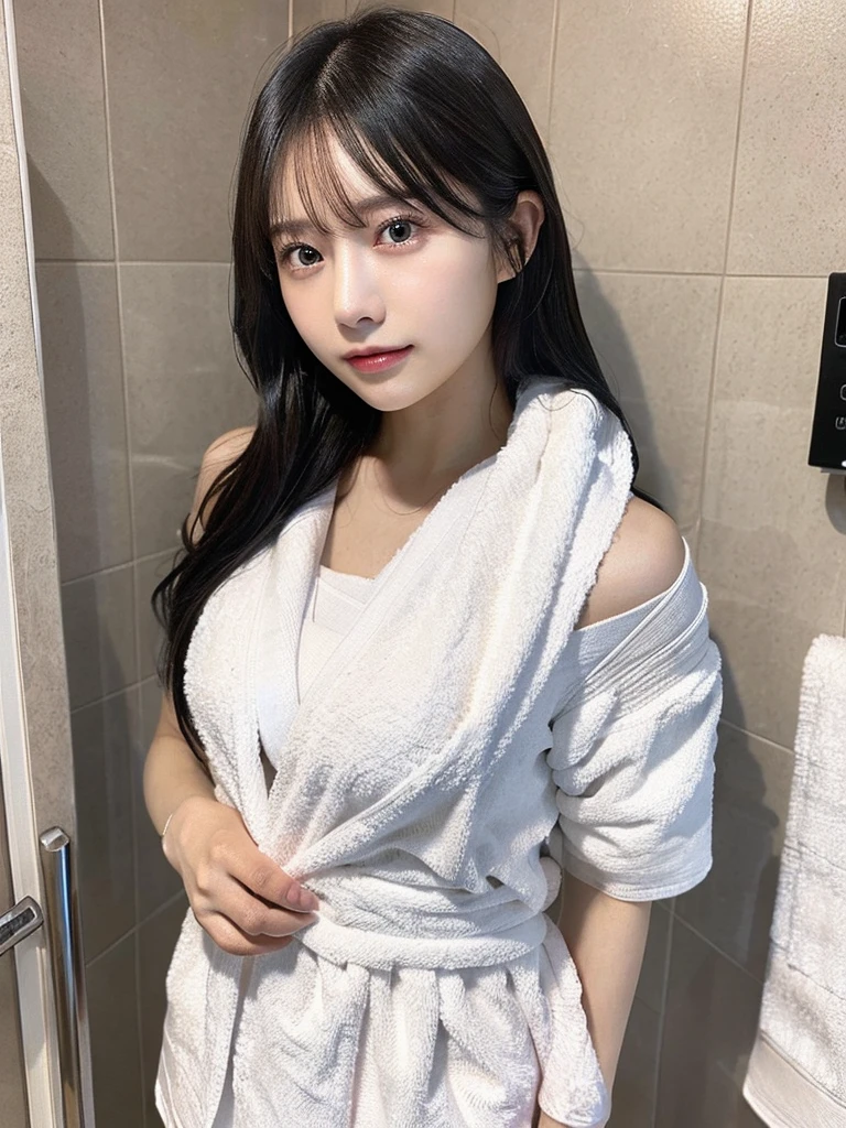 (((bath towel)))、(highest quality,masterpiece:1.3,Super high resolution,),(super detailed,caustics),(Photoreal:1.4,RAW shooting,)ultra-realistic capture,very detailed,High resolution 16K resolution for human skin、 Natural skin texture、、Skin looks even-toned and healthy、 Use natural light and color,one woman,Japanese,,cute,black haired,middle hair,(Depth of bounds written、chromatic aberration、、wide range of lighting、natural shading、)、(bathroom)、