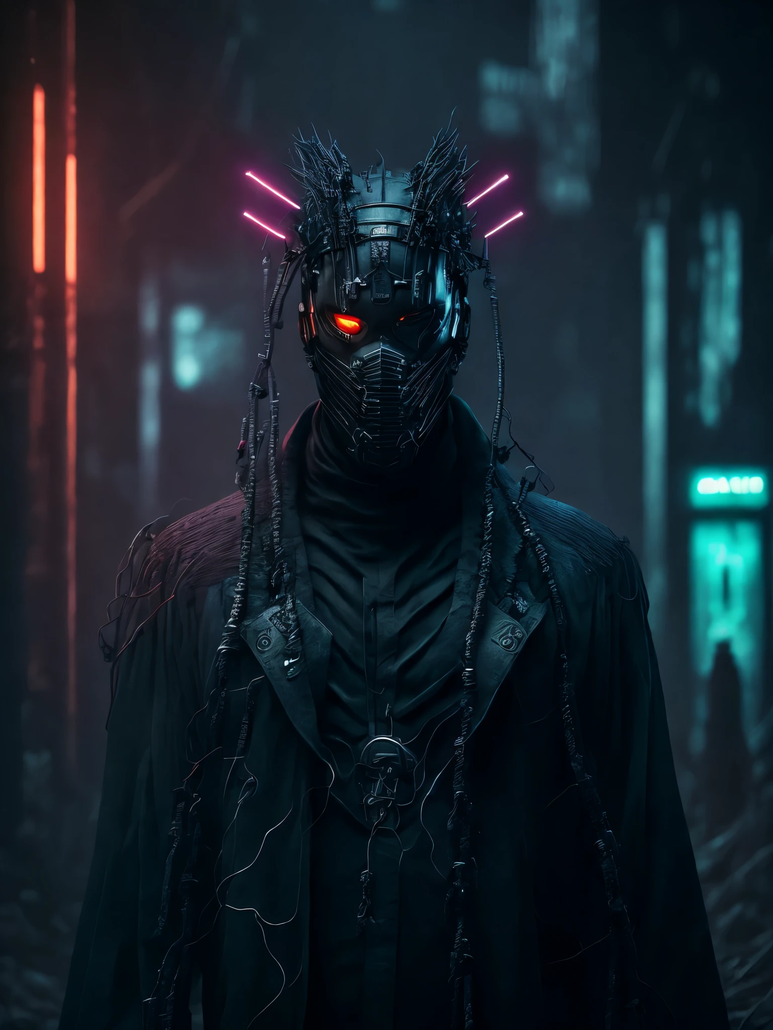 Gloomy portrait of Grim made of black ripper thick electric wires from Marvel with intricate angular cybernetic implants inside a brutalist, Gothic abounded hospital, cyberpunk, award-winning photo, bokeh, neon sign lights, cybernetic limb