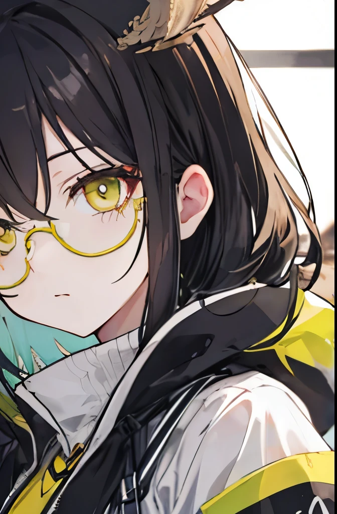 Beautiful owl girl yellow glasses yellow-green eyes black hair attractive