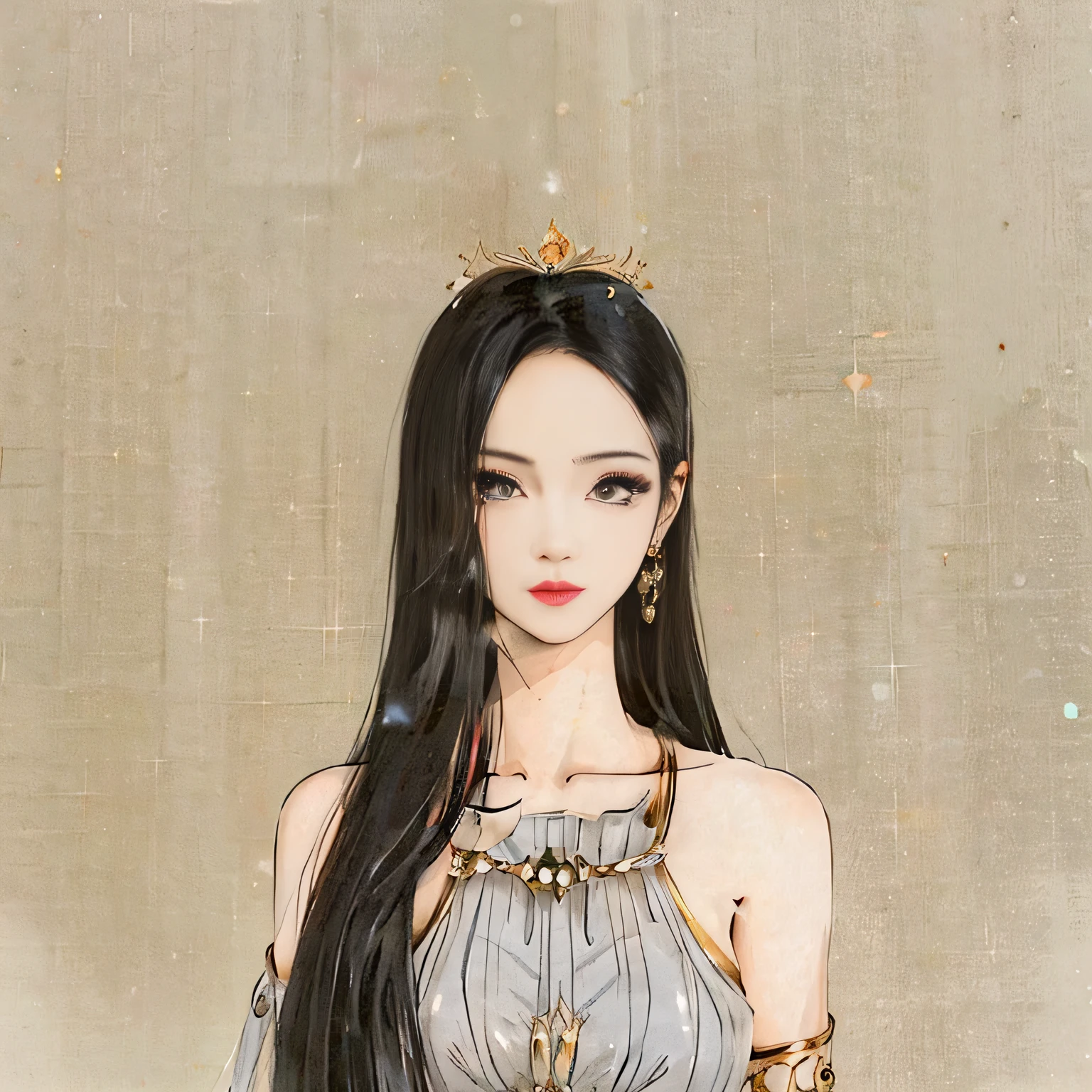 a woman with long black hair in a sparkling dress and a gold arm ring