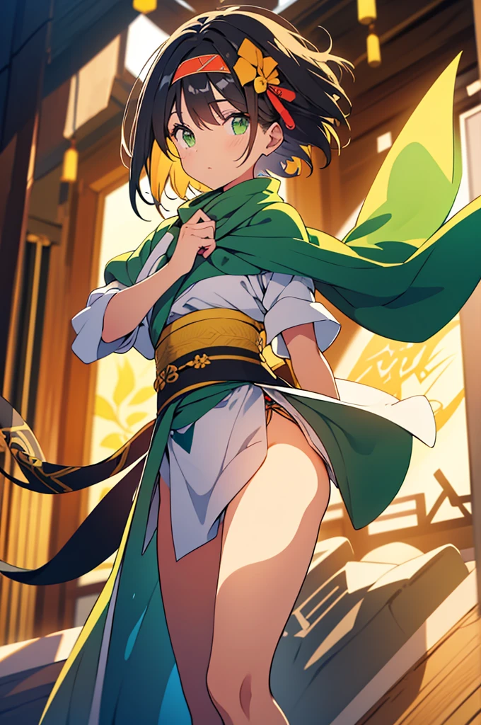 revealing shinobi clothes, silk scarf, headband, short black hair, green eyes