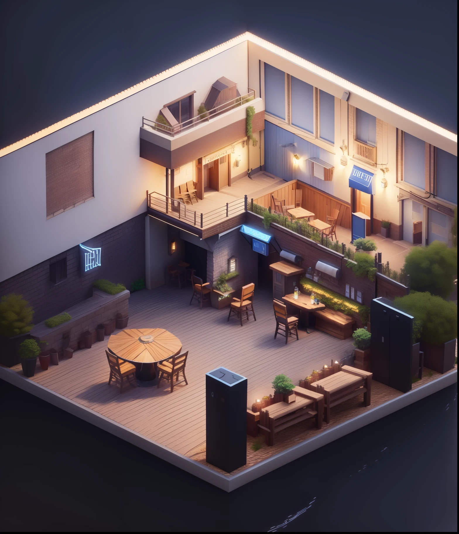 arafed view of a pub place with a chairs, Table, isometric 8k, Isometric style, detailed ambient lighting, ambient lighting from top, isometric 3d render, gentle ambient lighting, cozy pub background, ambient lighting highly detailed, incredible isometric screenshot, Detailed 2D illustration, stylized 3d render