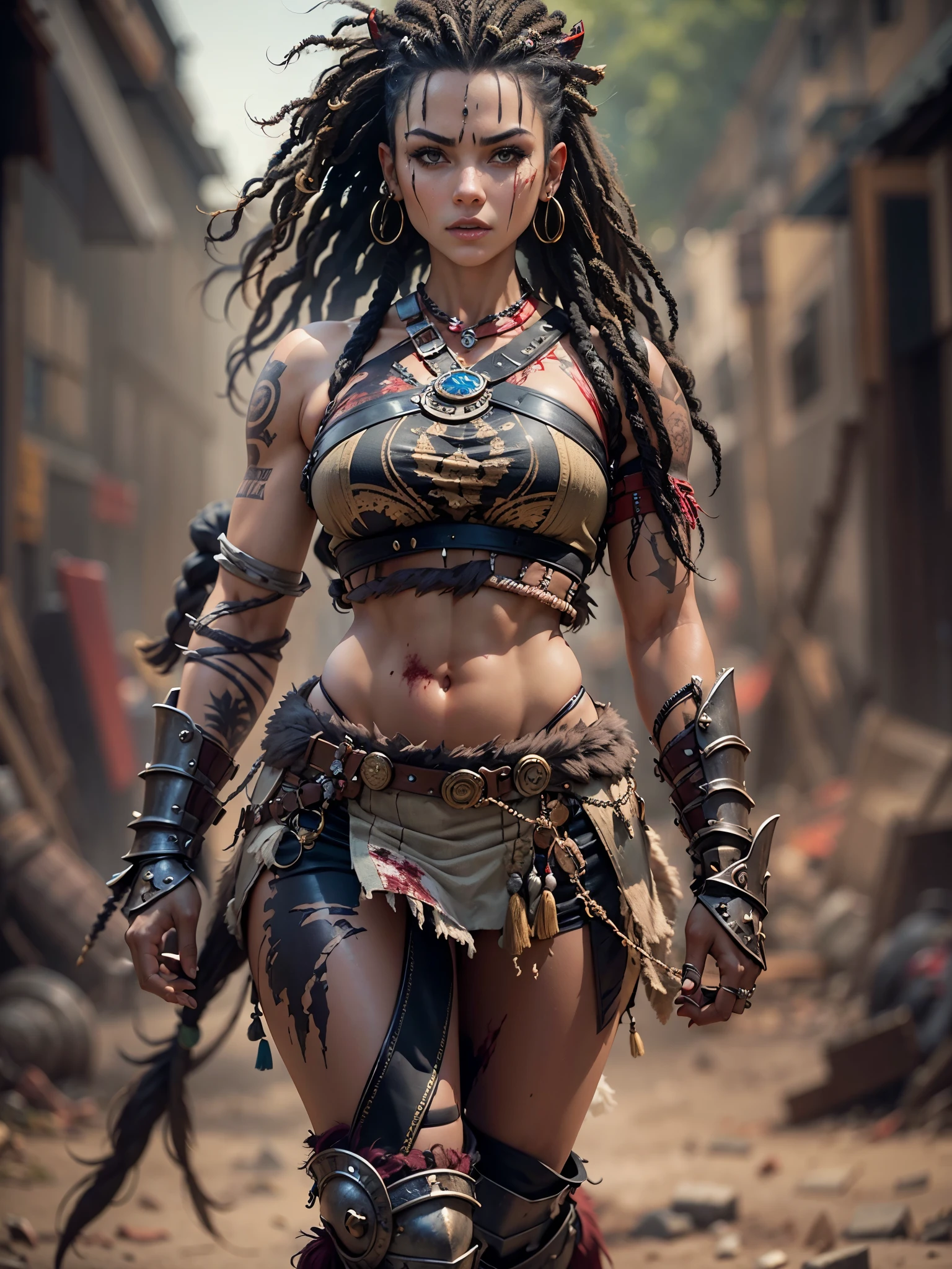 {{Masterpiece}}, A pretty young woman with big firm breasts, narrow waist, wide hips, strong thighs, strong firm butt, North American type, in a world after an atomic apocalypse, a warrior woman with black wild dreadlocks, armor made of fur and scrap metal, tribal tattoos, scars, blood, a scene from an action movie, a fighting stance, an exciting cinematic perspective, ruins, cinematic lighting, artful details, selective focus on her face, {{photo art}}