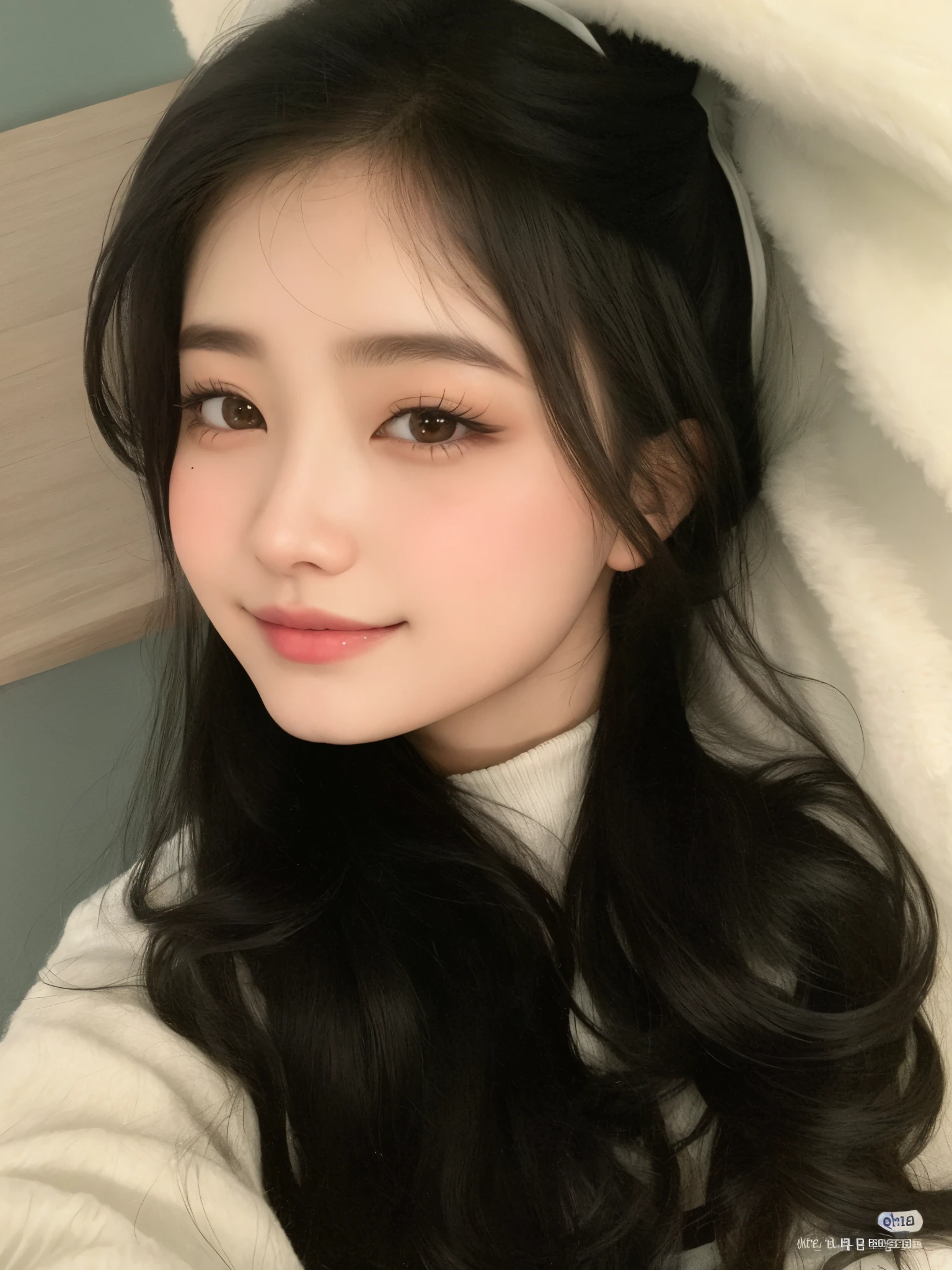 A closeup of a woman with long hair wearing a white sweater, Ulzzang, tzuyu de duas vezes, com cara fofa - linda, adorable and pale korean face, garota cara fofa, young lovely korean face, young pale and beautiful asian face, dilraba dilmurat, jovem rosto bonito, jaeyeon nam,  coreana, Jinyoung Shin