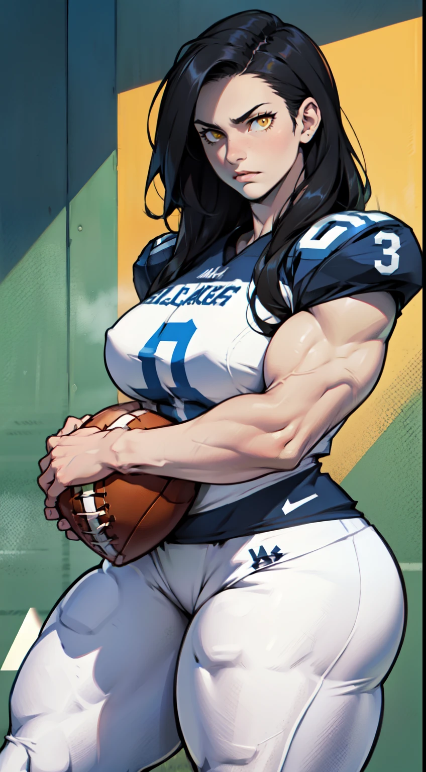 girl breasts huge muscles huge thighs solo girl black hair extremely long hair pale skin expressionless yellow eyes ((football))