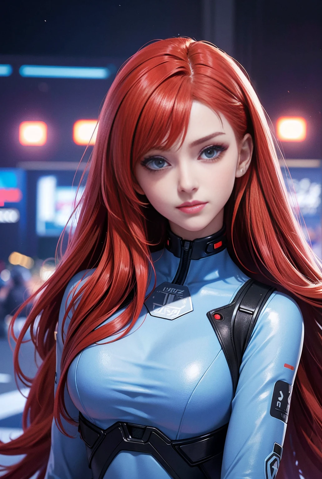masterpiece , a girl , long red hair , blue eyes , slope , Perfect body , ( technical clothing:1.2) , cyberpunk , future , modern , in cyberpunk city, faint smile , Detailed face ,, , (8k, best quality 1.2), Super detailed, 8k ultra high definition,, soft light, high quality, film grain, beautiful lights,, (Normal:1.4) ,Perfect body , best lighting, best shadow, clarity, Compared,