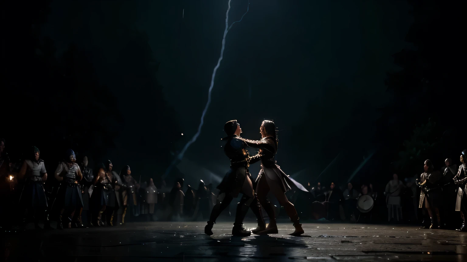 The climax battle with flashes of light and shadows, battle, fight, a lot of people, many people, fantasy style, cinematic, detailed, 8k, sharp focus, dark fantasy style, at evening during rain, beautiful and aesthetic, photography, cinematic, 8k, high detailed,